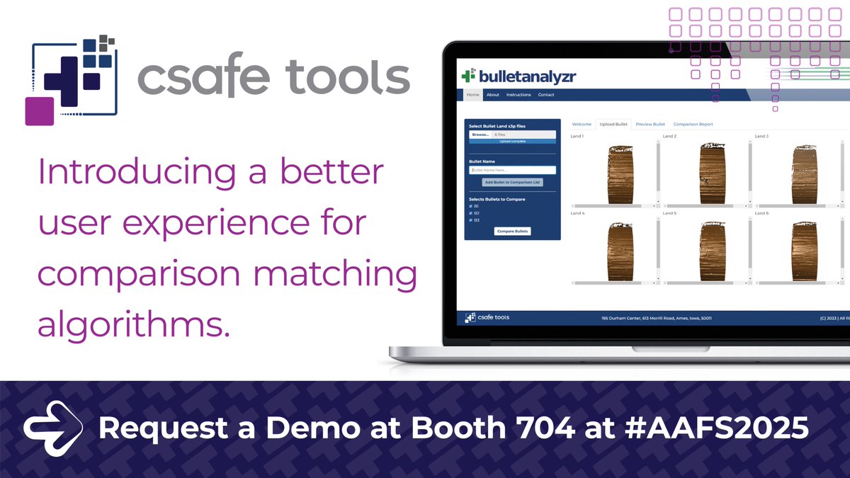 CSAFE at #AAFS2025:
If you missed our Tuesday AAFS Workshop on open-source software tools, stop by our booth 704 and ask for a quick demo of our new apps:
• Handwriter
• BulletAnalyzr
• ShoeComp &amp; ShoeprintAnalyzr
forensicstats.org/aafs2025/