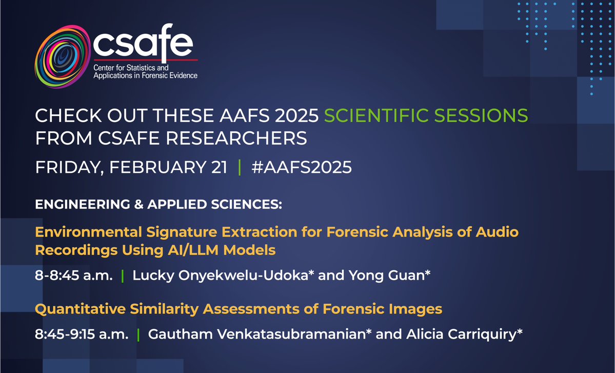If you're looking for a #AAFS2025 Scientific Session to attend on Friday, check out our final two presentations in the Engineering &amp; Applied Sciences section:
forensicstats.org/aafs2025/