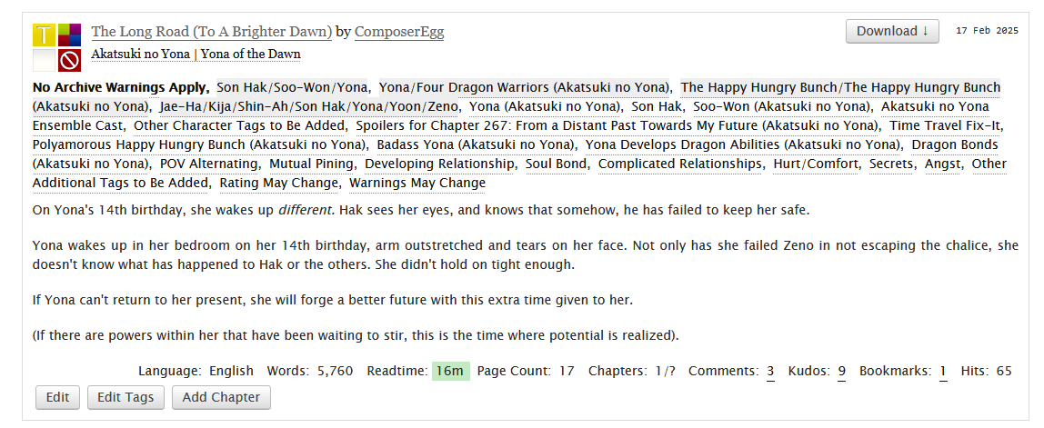 ComposerEgg's tweet photo. + Tags screenshot for this fic if you don't want to click through!

Polyamorous happy hungry bunch, hak/soo-won/yona, Yona gaining some dragon-y abilities!

No one knows how to handle 14 year old Yona who suddenly has a spine 😆

https://t.co/TAnCPJM5vD https://t.co/EX1Iv2sZ6u