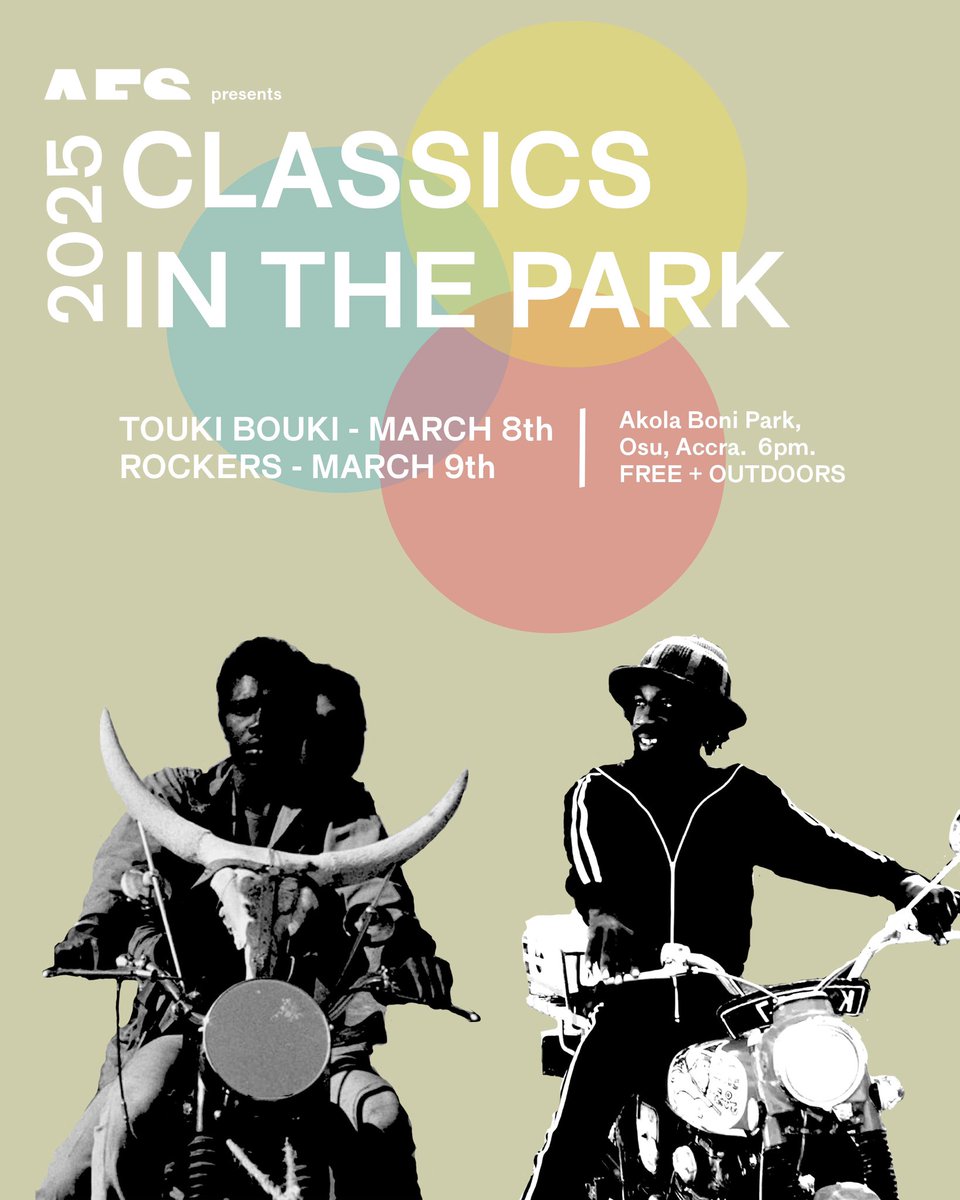 We are excited to announce that our feature films for the 9th edition of Classics in the Park will be TOUKI BOUKI (1973) dir. Djibril Diop Mambéty and ROCKERS (1978) dir. Theodoros Bafaloukos. 

See you at Akola Boni Park , Osu on March 8th and 9th. 6pm.

Always Free + Outdoors
