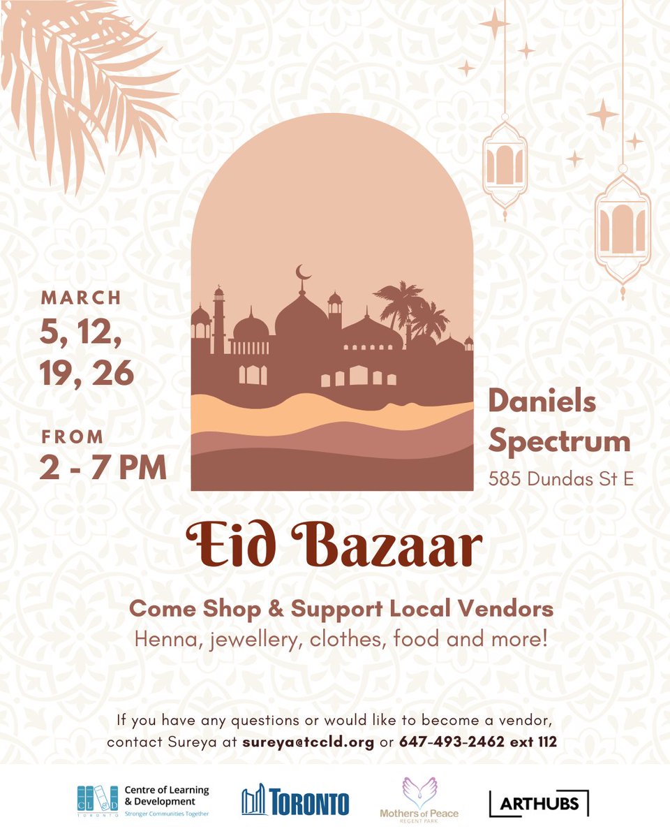 The indoor Eid Bazaar is back Wednesdays in March - Support local vendors and connect with your neighbours! The event includes henna, jewelry, clothes, food &amp; more

Dates: March 5, 12, 19, 26
Time: 2 - 7pm
Location: Daniels Spectrum, 585 Dundas St E

#strongercommunitiestogether