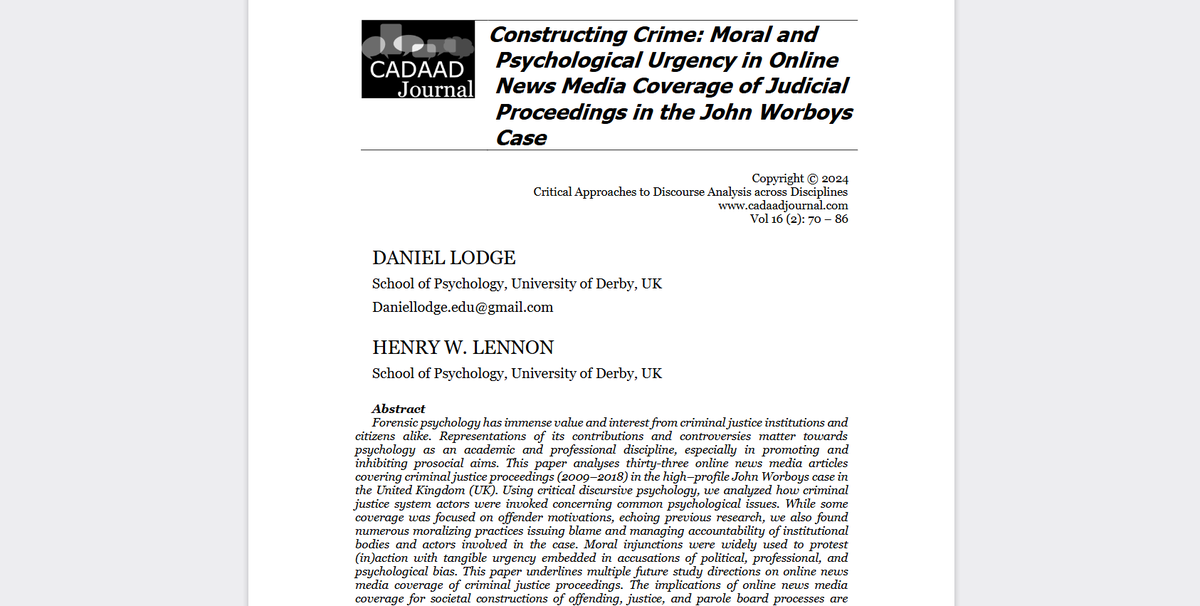 Pleased to share my latest published work - Using critical discursive psychology, we analyzed how criminal justice system actors were invoked concerning common psychological issues and implications for parole boards and practice are included: ugp.rug.nl/cadaad/article…