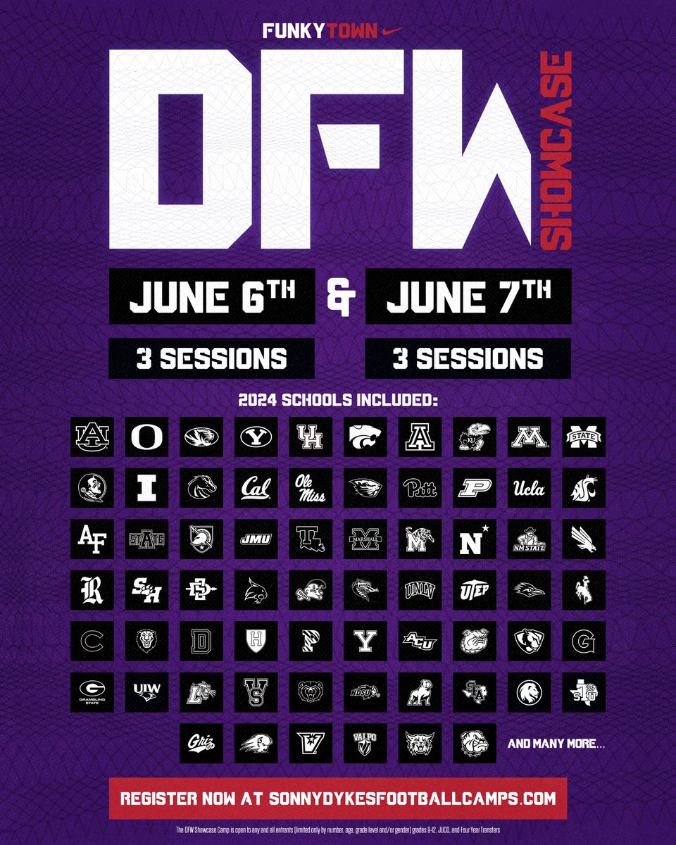 Don’t miss The DFW Showcase this summer at TCU on June 6th and June 7th!

Click the link to register now: sonnydykesfootballcamps.com