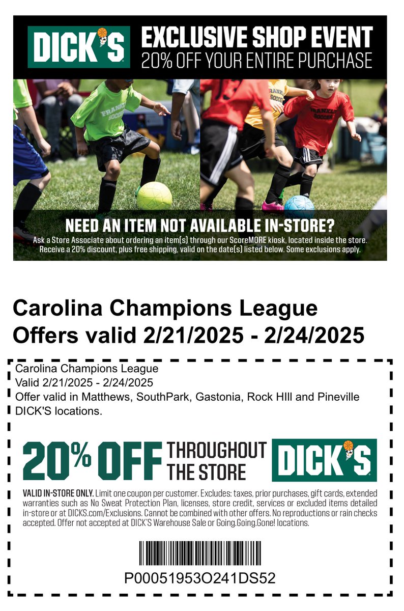 Get 20% off at Dick’s this Feb 21-24 as part of the Carolina Champions League Shop event.