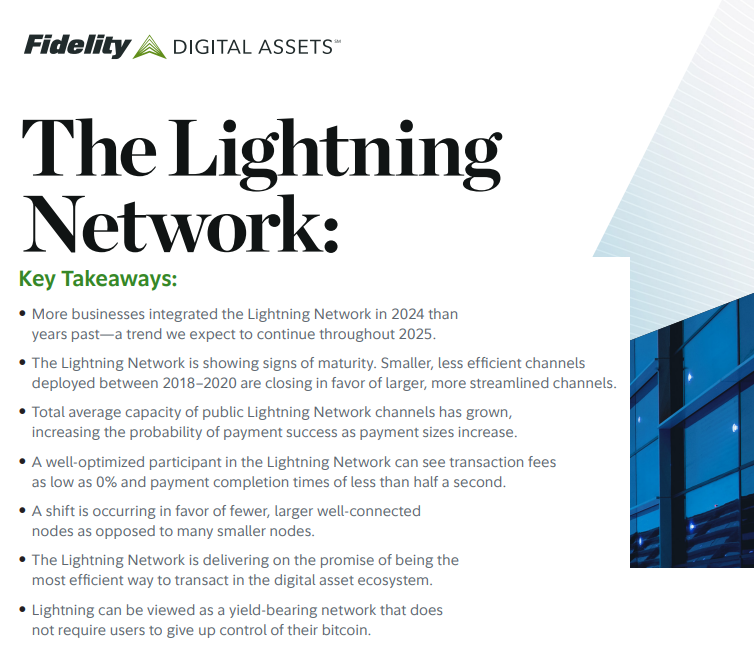 Cryptotea's tweet photo. Fidelity says bitcoin lightning is delivering on it's promise of being the most efficient way to transact in the digital asset ecosystem

transaction fees as low as 0% and payment completion time of less than half a second

usage has been growing slow and steady with companies like Coinbase, Kraken, Binance and Strike adopting it
