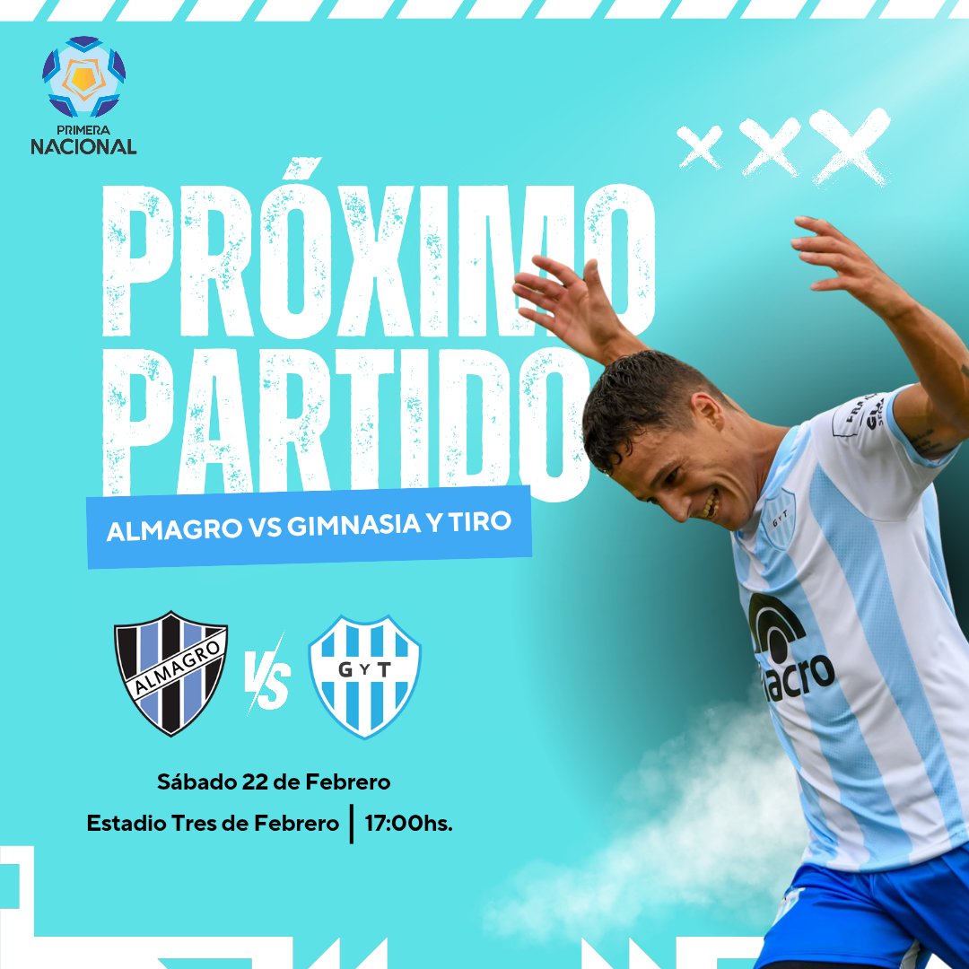 PRÓXIMA FECHA 🗓️

🏆Fecha 3 #PrimeraNacional

⚽#Almagro 🆚 #GimnasiayTiro
⏰17:00hs.
🏟️ Tres de Febrero 

📷 Prensa Oficial de Gimnasia y Tiro