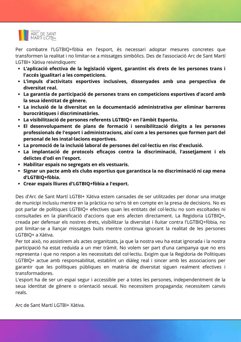 ArcSantMartiXtv's tweet photo. 📣Comunicat de l’Associació Arc de Sant Martí LGTBIQ+ de Xàtiva i voltants (@ArcSantMartiXtv) en relació a la programació del Dia Contra la LGTBIQ+fòbia organitzada unilateralment per l’Ajuntament de Xàtiva (@Xativa). https://t.co/lCmP3uQ3lz