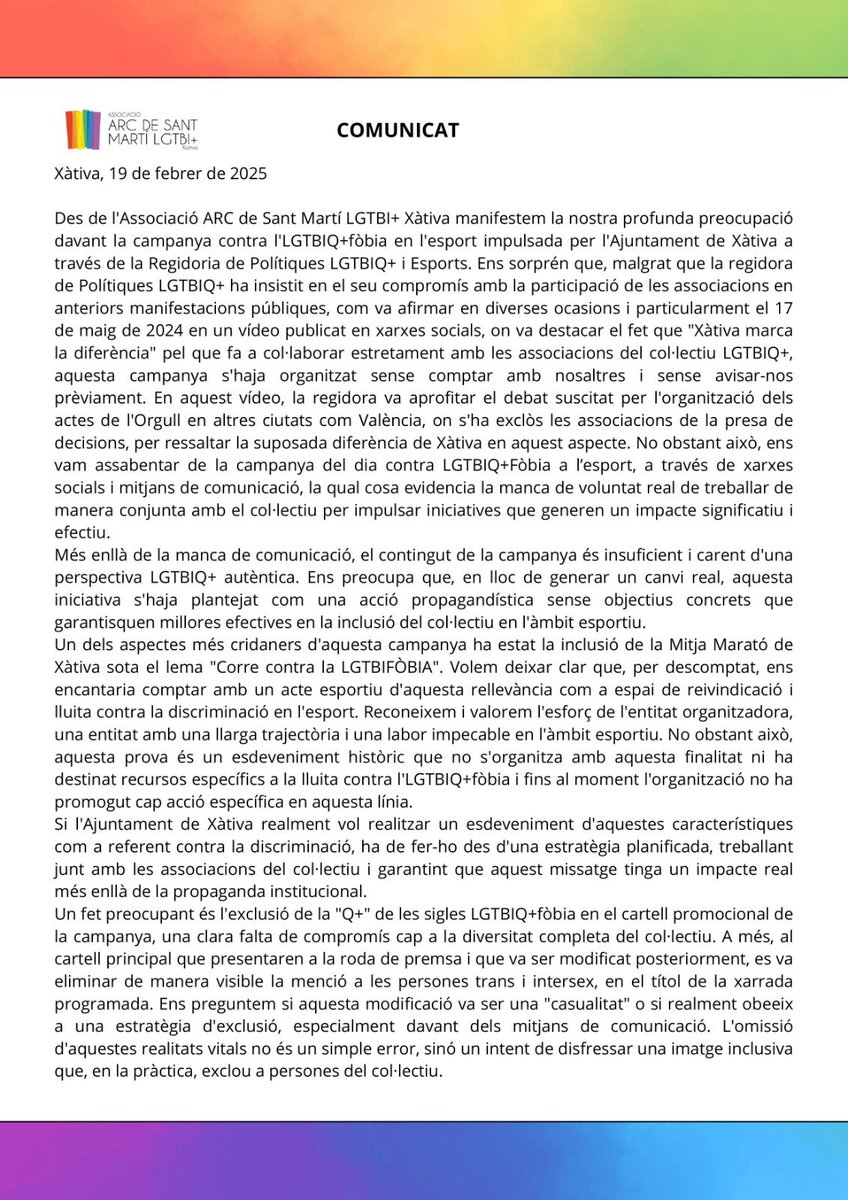 ArcSantMartiXtv's tweet photo. 📣Comunicat de l’Associació Arc de Sant Martí LGTBIQ+ de Xàtiva i voltants (@ArcSantMartiXtv) en relació a la programació del Dia Contra la LGTBIQ+fòbia organitzada unilateralment per l’Ajuntament de Xàtiva (@Xativa). https://t.co/lCmP3uQ3lz