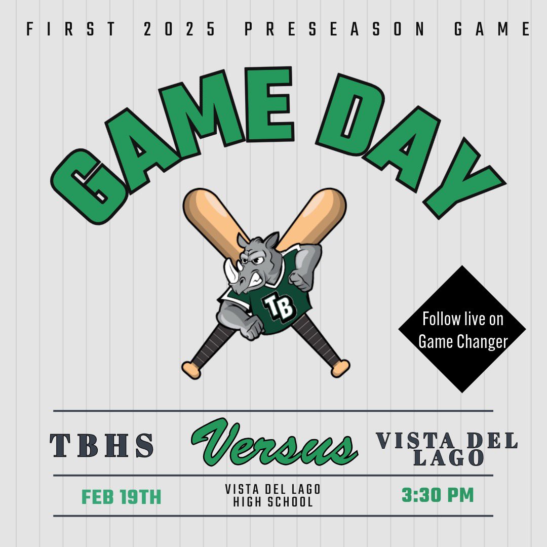 Baseball season is officially here….

Rhinos Baseball is kicking off the season with their first preseason game TODAY at Vista Del Lago HS @ 3:30. #RhinoBaseball @tbrhinoathletics