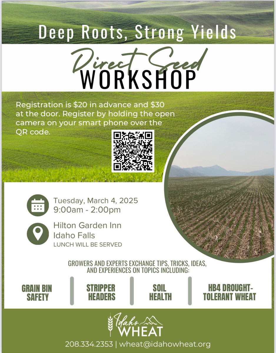 Don’t miss the 2025 Direct Seed Workshop hosted by the Idaho Wheat Commission!
Tuesday, March 4, 2025 in Idaho Falls. Use the link below to register today!

idahowheatcommission.ticketspice.com/direct-seed-wo…