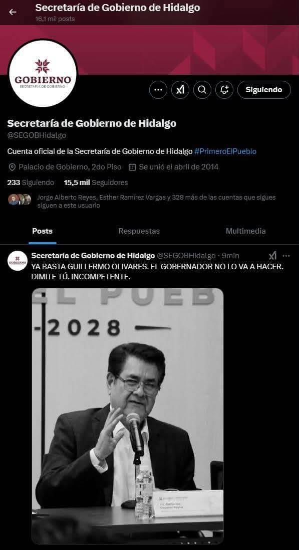 Central_MXH's tweet photo. ©️ #CentralMX #UltimaHora

🔴 En medio de #bloqueos en #Pachuca y la conferencia de Guillermo Olivares de #Segobh, en la cuenta de X oficial de la dependencia publicaron un texto contra su titular, el cual fue por un hackeo. Después fue eliminado. 

@SEGOBHidalgo 
@gobiernohidalgo