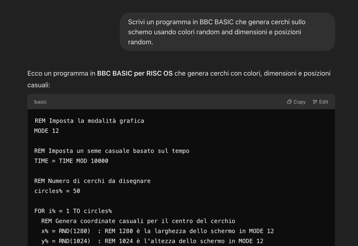 Important note for all international users, with these AIs you can now interact with both the RISC OS and the BBC BASIC User guides in your own native language, example (in Italian):