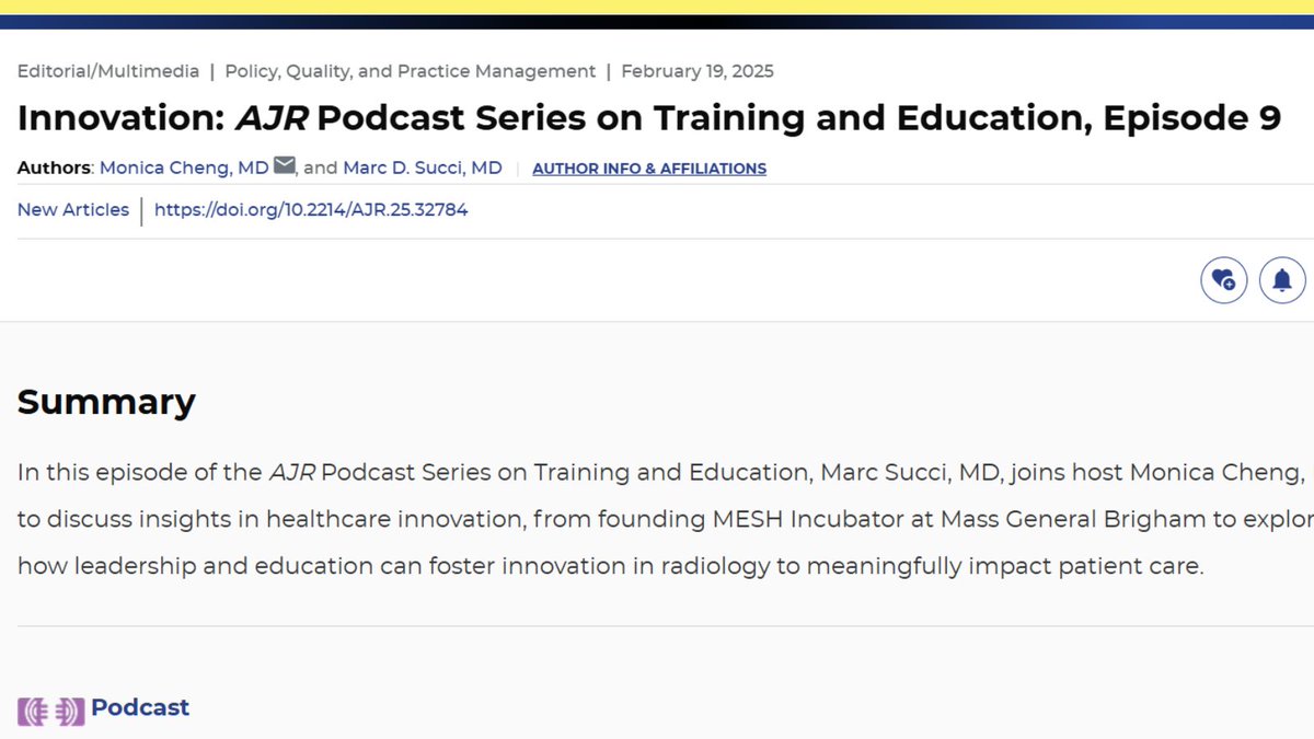 Andrew Rosenkrantz (@arosenkrantzmd) on Twitter photo New AJR:
"Innovation: AJR Podcast Series on Training and Education, Episode 9"
By Drs <a href="/MonicaCheng_/">Monica Cheng, MD</a> & <a href="/MarcSucciMD/">Marc Succi, MD</a> <a href="/MGHImaging/">Mass General Imaging</a>
ajronline.org/doi/10.2214/AJ⦠New AJR:
"Innovation: AJR Podcast Series on Training and Education, Episode 9"
By Drs <a href="/MonicaCheng_/">Monica Cheng, MD</a> & <a href="/MarcSucciMD/">Marc Succi, MD</a> <a href="/MGHImaging/">Mass General Imaging</a>
ajronline.org/doi/10.2214/AJā¦