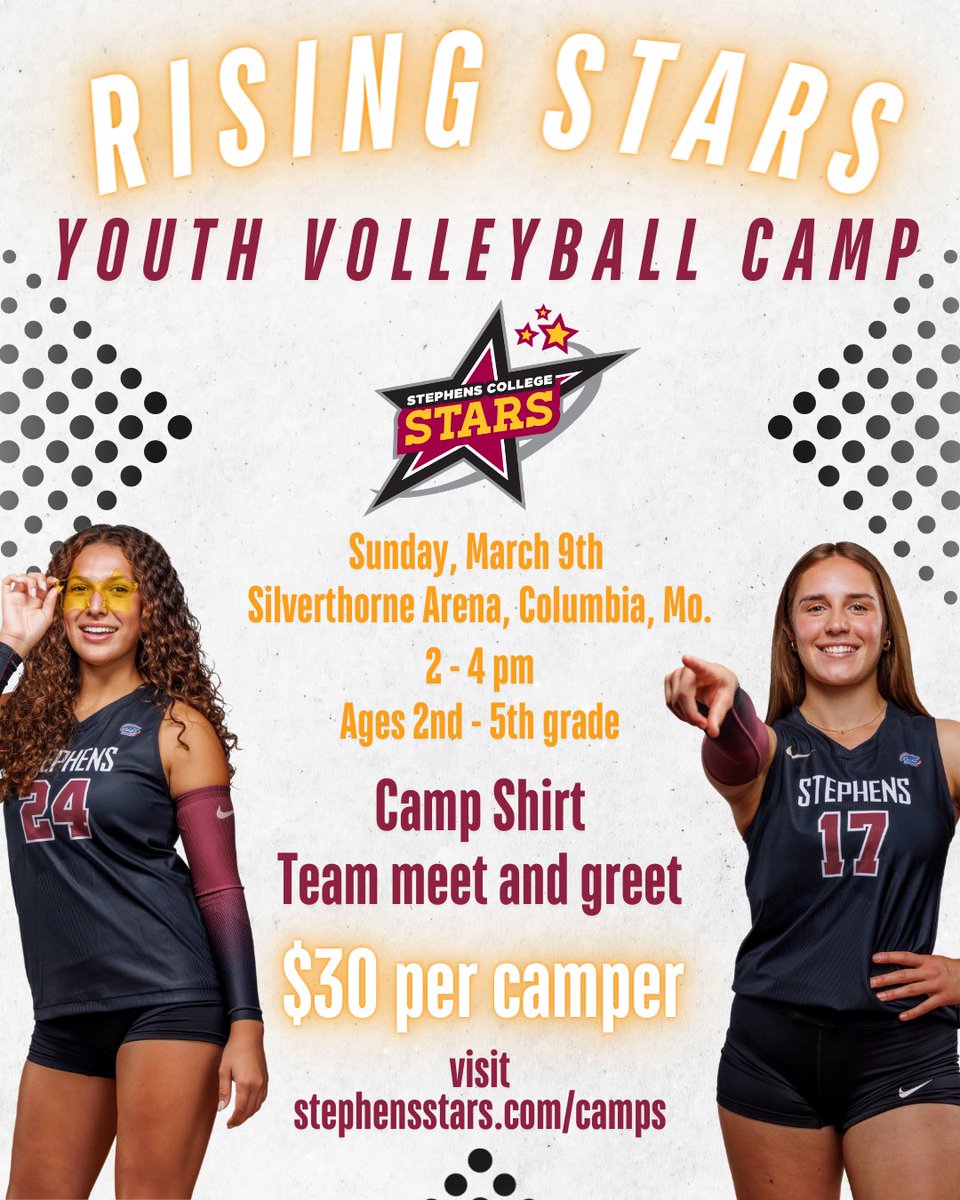 Stephens Stars Athletics (@stephensstars) on Twitter photo πWinter Youth Volleyball Camp is here! Join us on March 9, at Silverthorne Arena for a fun-filled afternoon with the <a href="/Stephens_VB/">Stephens College Volleyball</a> program!
Sign up today! β‘οΈ stephensstars.com/camps
#StarsAthletics #StarsVolleyball πWinter Youth Volleyball Camp is here! Join us on March 9, at Silverthorne Arena for a fun-filled afternoon with the <a href="/Stephens_VB/">Stephens College Volleyball</a> program!
Sign up today! β‘οΈ stephensstars.com/camps
#StarsAthletics #StarsVolleyball