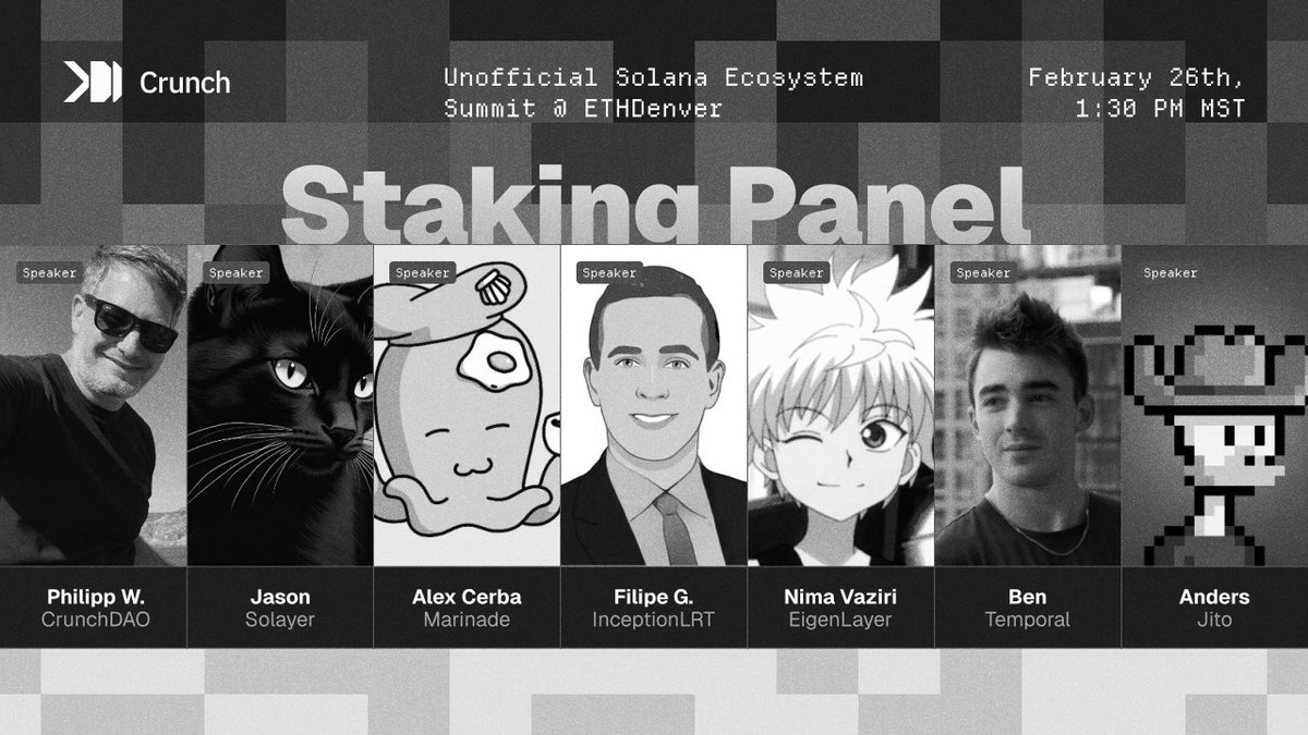 CrunchDAO 🧠 (@crunchdao) on Twitter photo What new staking innovations are emerging on @Solana and why are they important?
Let's explore with:
• <a href="/__scalar__/">Phil</a> from @CrunchDAO
• <a href="/lxjhk/">jason</a> from @Solayer_Labs
• @_cerba from <a href="/MarinadeFinance/">Marinade 🛡️</a>
• @filipedefi from <a href="/InceptionLRT/">Inception</a>
• <a href="/nima_vaziri/">Nima Vaziri</a> from @EigenLayer
• <a href="/HypoNyms/">Ben ⌛</a> from What new staking innovations are emerging on @Solana and why are they important?
Let's explore with:
• <a href="/__scalar__/">Phil</a> from @CrunchDAO
• <a href="/lxjhk/">jason</a> from @Solayer_Labs
• @_cerba from <a href="/MarinadeFinance/">Marinade 🛡️</a>
• @filipedefi from <a href="/InceptionLRT/">Inception</a>
• <a href="/nima_vaziri/">Nima Vaziri</a> from @EigenLayer
• <a href="/HypoNyms/">Ben ⌛</a> from