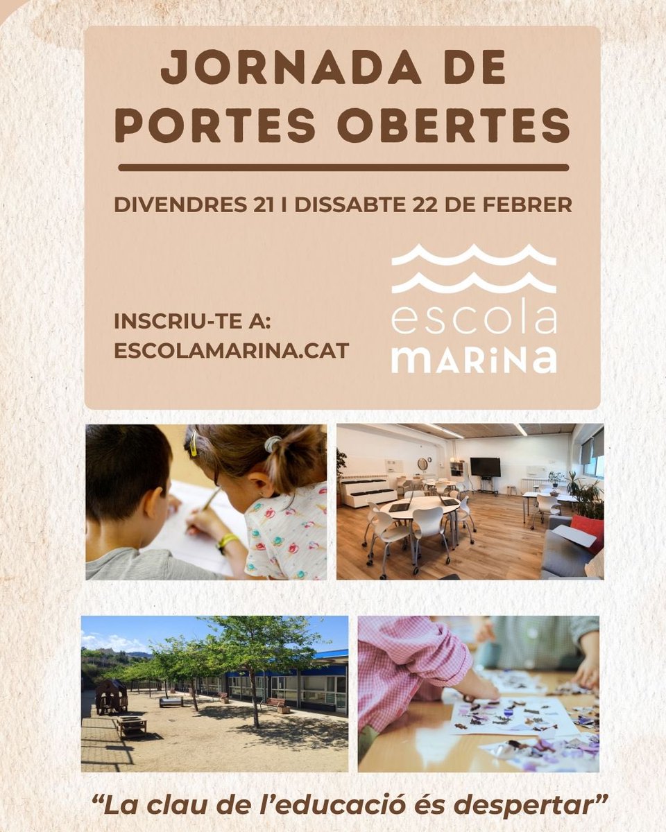 La clau de l’educació és despertar 🔑

Vine a les nostres Portes Obertes!

📅 Divendres 21 de febrer – 9:15h
🔹 Podràs entrar a les aules i veure l’escola en acció! 
📅 Dissabte 22 de febrer – 11:00h
🔹 Farem un recorregut per les instal·lacions i una xerrada per resoldre dubtes