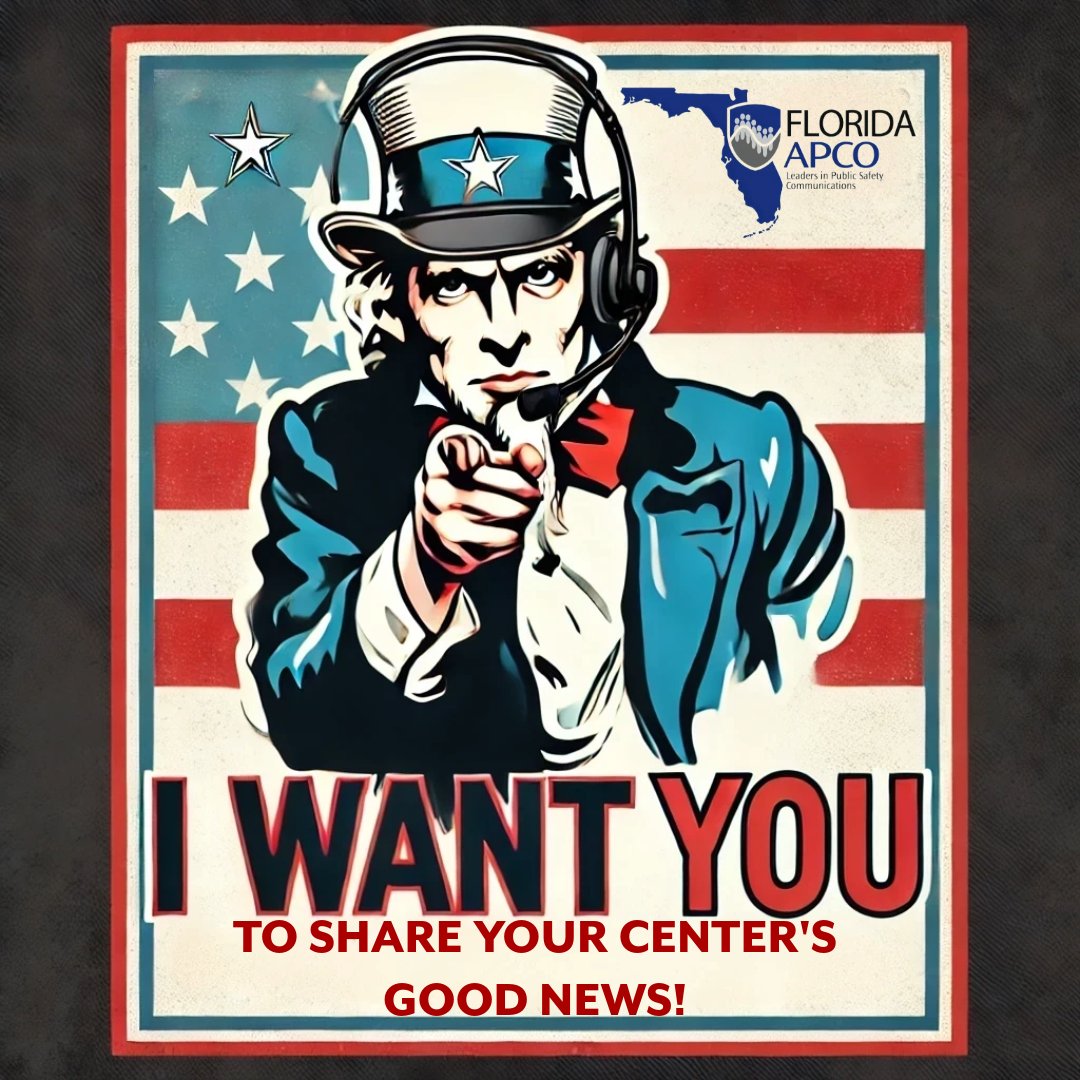 Attn: FL ECCs/PSAPs

WE WANT YOU 2 share ur center’s GOOD NEWS! 🎉

No story 2 big/small.

Let’s shine a light on the work happening in ECCs across Florida. 🌟

📩 How:
✅ Email us: (DM us for the e-mail)
✅ Tag us in your posts!
✅ Send us a DM! 

#FloridaAPCO #911Strong #FL911