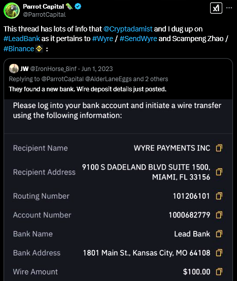 ParrotCapital's tweet photo. #Binance #BinanceUS is up to the same old shady tricks they were when they used crooked banks like Silvergate $SI and Signature Bank of NY $SBNY, not to mention #Wyre / #SendWyre and #LeadBank. https://t.co/Wp76SIcLyV