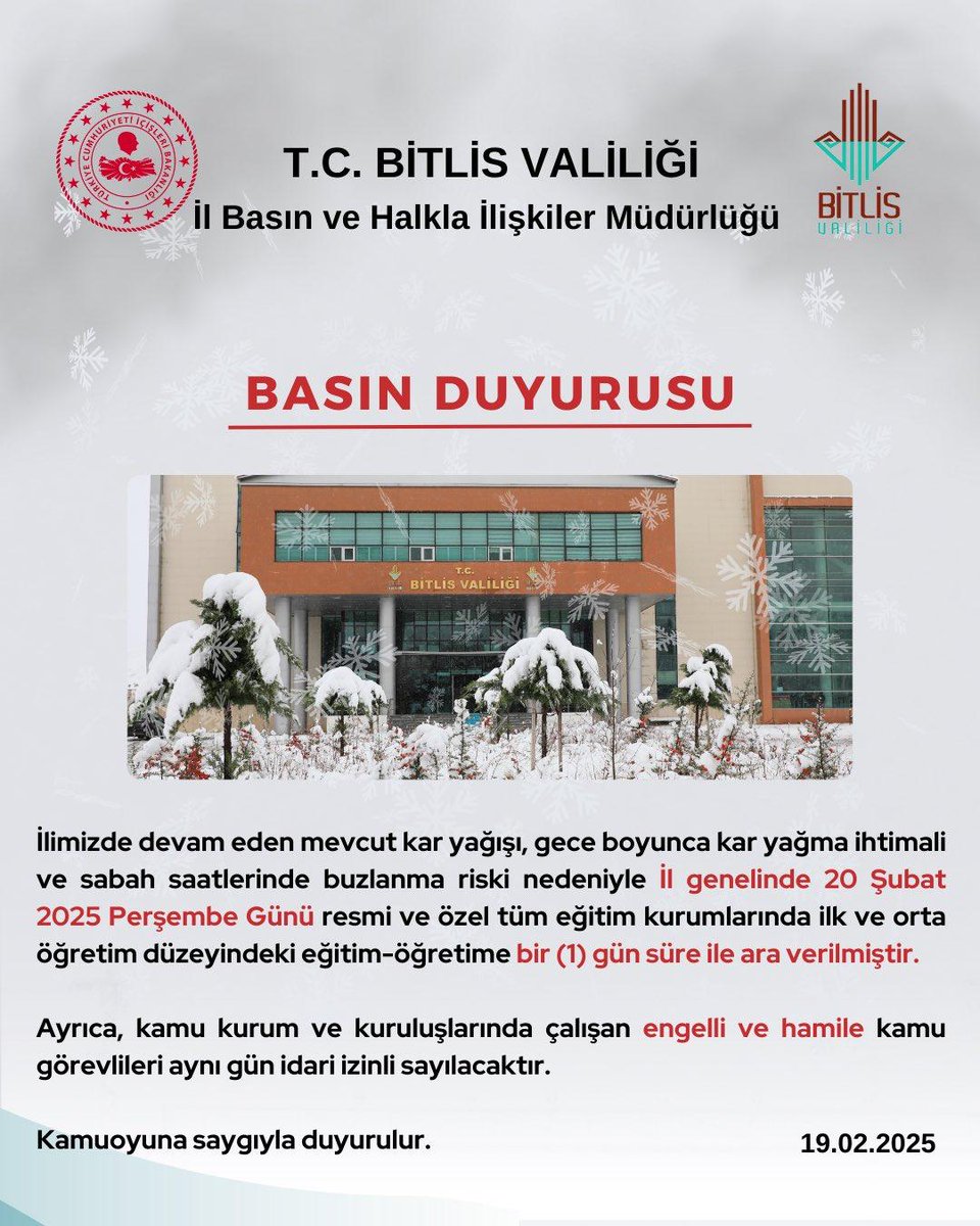 Valilikçe alınan karar gereği İl geneli ile birlikte ilçemizde yarın okullarımız bir gün tatil edilmiştir.