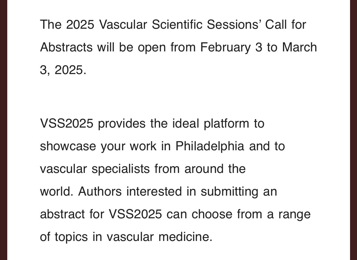 Society for Vascular Medicine | SVM (@svm_tweets) on Twitter photo GET YOUR #ABSTRACTS READY &
share your amazing work with the #vascular medicine community — submit your #cases & #research abstract today for #SVM #VSS2025!
<a href="/EstherSHKimMD/">Esther Kim</a> <a href="/EricSecemskyMD/">Eric Secemsky MD MSc</a> <a href="/stanhenkin/">Stanislav Henkin</a> <a href="/NickLeeper78/">Nick Leeper</a> <a href="/JoshuaBeckmanMD/">Josh Beckman</a> <a href="/RKolluriMD/">Raghu Kolluri</a> <a href="/heatherlgornik/">Heather L Gornik</a> <a href="/adityasharmamd/">Aditya Sharma</a> GET YOUR #ABSTRACTS READY &
share your amazing work with the #vascular medicine community — submit your #cases & #research abstract today for #SVM #VSS2025!
<a href="/EstherSHKimMD/">Esther Kim</a> <a href="/EricSecemskyMD/">Eric Secemsky MD MSc</a> <a href="/stanhenkin/">Stanislav Henkin</a> <a href="/NickLeeper78/">Nick Leeper</a> <a href="/JoshuaBeckmanMD/">Josh Beckman</a> <a href="/RKolluriMD/">Raghu Kolluri</a> <a href="/heatherlgornik/">Heather L Gornik</a> <a href="/adityasharmamd/">Aditya Sharma</a>