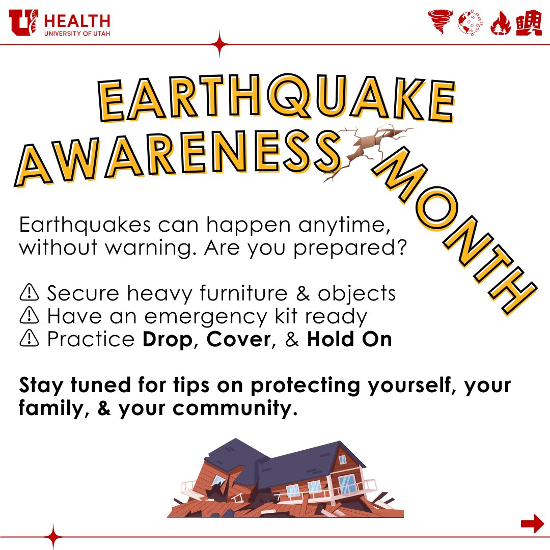 uofuceph's tweet photo. February is Earthquake Awareness Month, take steps now to protect yourself, your home, &amp; your loved ones. Because when the ground moves, preparation makes all the difference! ⚠️

#uofuceph #rmhpceph #emergencypublichealth #emergencyhealth #emergencypreparedness #earthquake https://t.co/su09YbmpeU