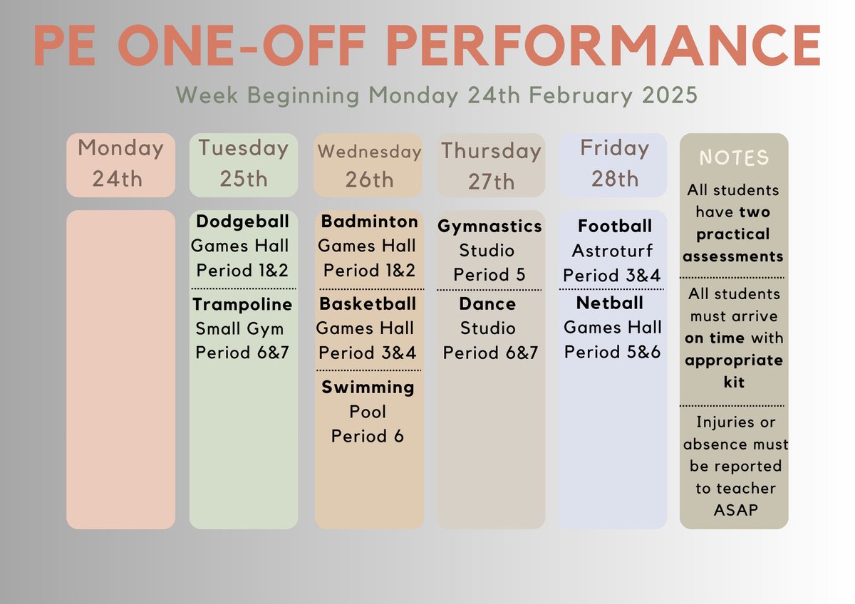 ❗️N5/H ONE OFF PERFORMANCE WEEK❗️

A very busy week starting on Monday with our final N5 and Higher one off performance practical assessments taking place! We have over 200 assessments taking place across a range of activities!

Please check the notice boards outside the base!