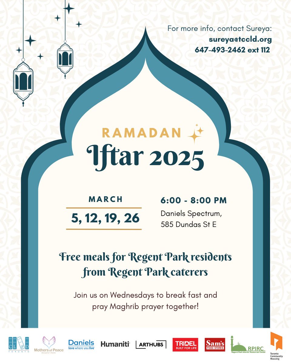 After our weekly Eid Bazaars, begins Ramadan Iftar 2025 every Wednesday in March. This event is for Regent Park residents to come together, break fast and pray Maghrib prayer.

Dates: March 5, 12, 19, 26
Time: 6 - 8pm
Location: Daniels Spectrum, 585 Dundas St E