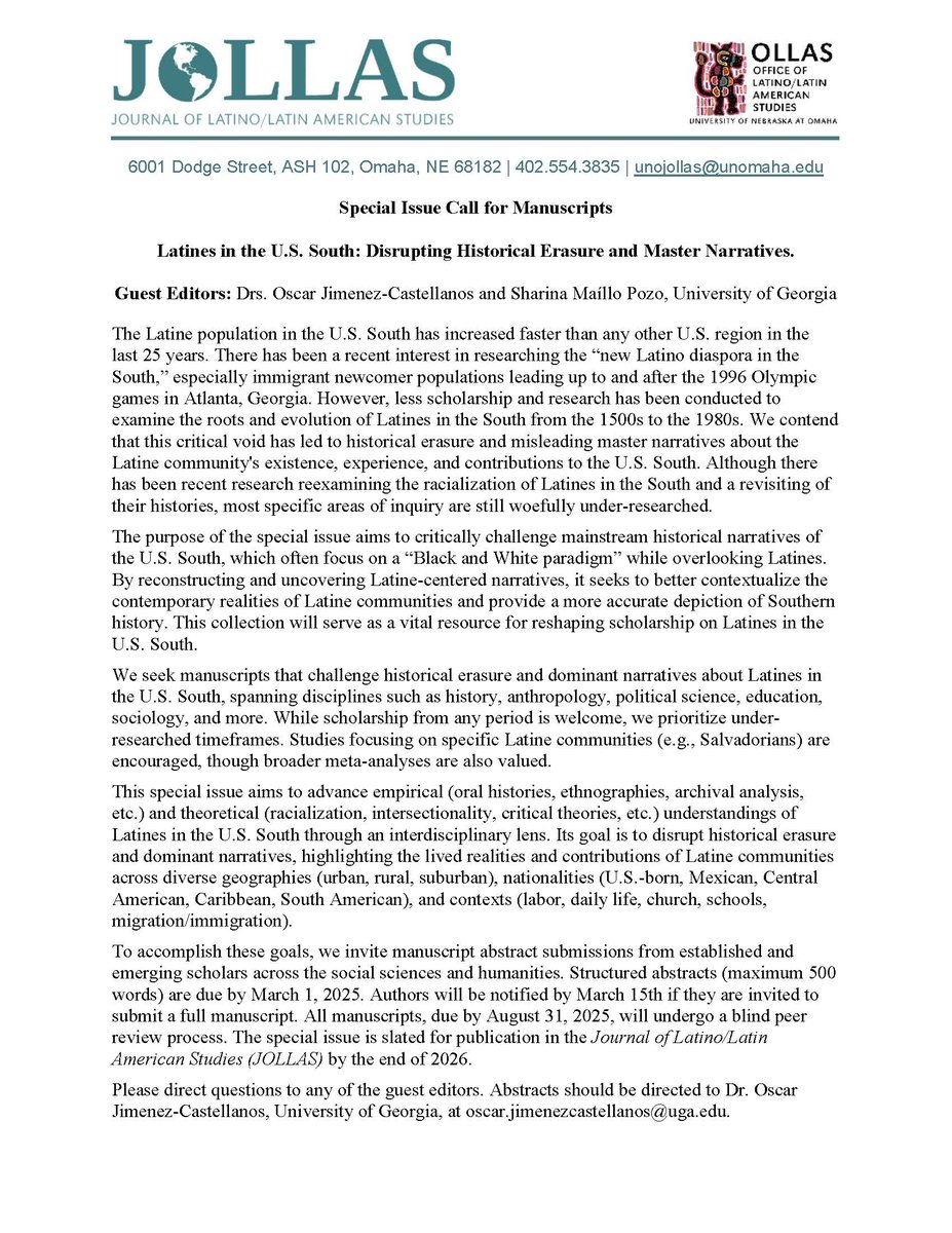 Call for abstracts!  Special Issue at
<a href="/UNOJOLLAS/">Journal of Latino/Latin American Studies (JOLLAS)</a>
"Latines in the U.S. South: Disrupting Historical Erasure and Master Narratives."  Editors: Dr. Jimenez-Castellanos &amp; Dr. Maillo-Pozo. More information meridian.allenpress.com/jollas/pages/s…