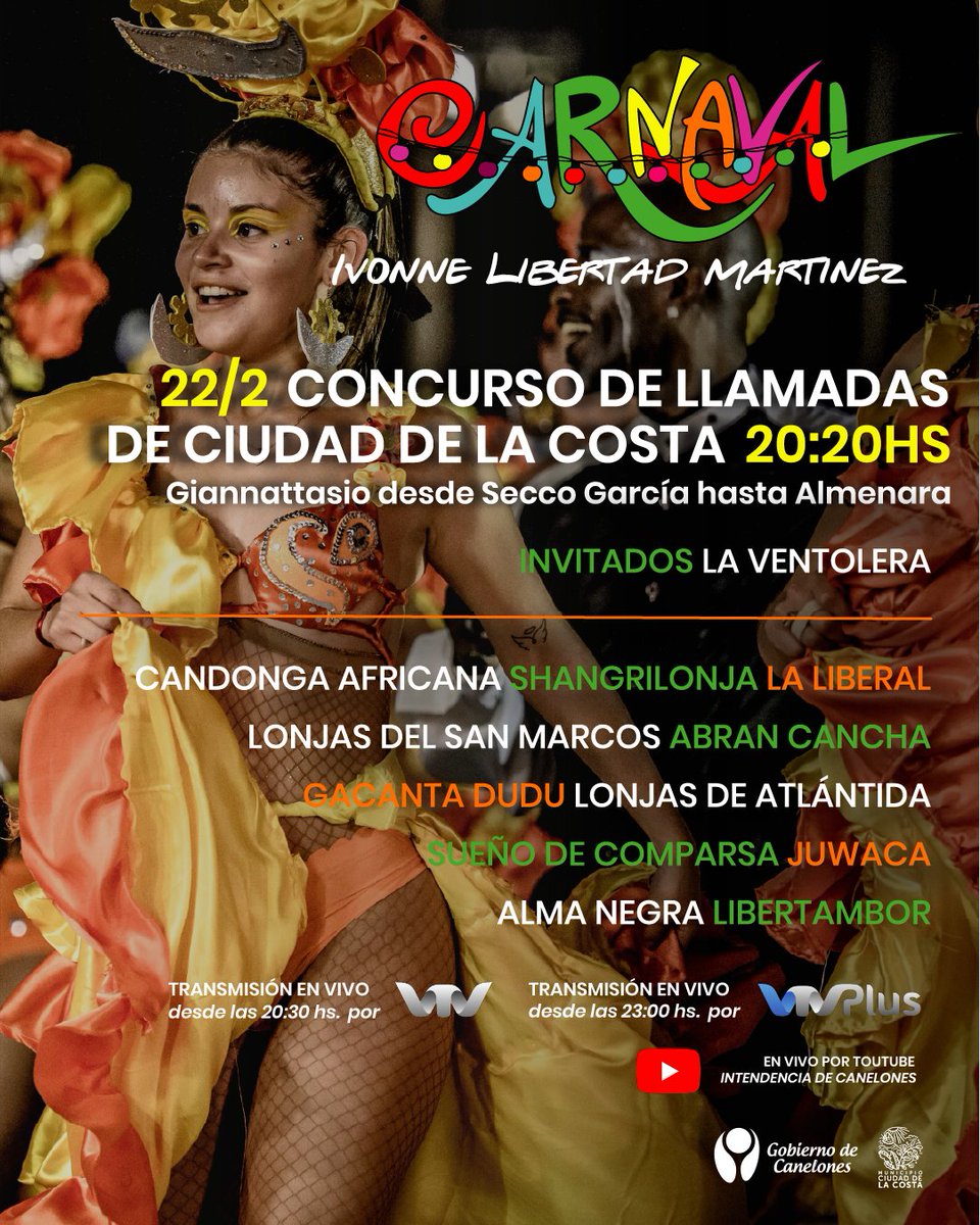 🎭CONCURSO OFICIAL DE LLAMADAS DE CIUDAD DE LA COSTA 📷
"Ivonne Libertad Martínez"

Este sábado 22 de febrero 11 comparsas desfilarán por Av. Giannattasio desde Secco García hasta Almenara.

🎉Te esperamos para disfrutar de esta fiesta popular de candombe.

#CanelonEScultura