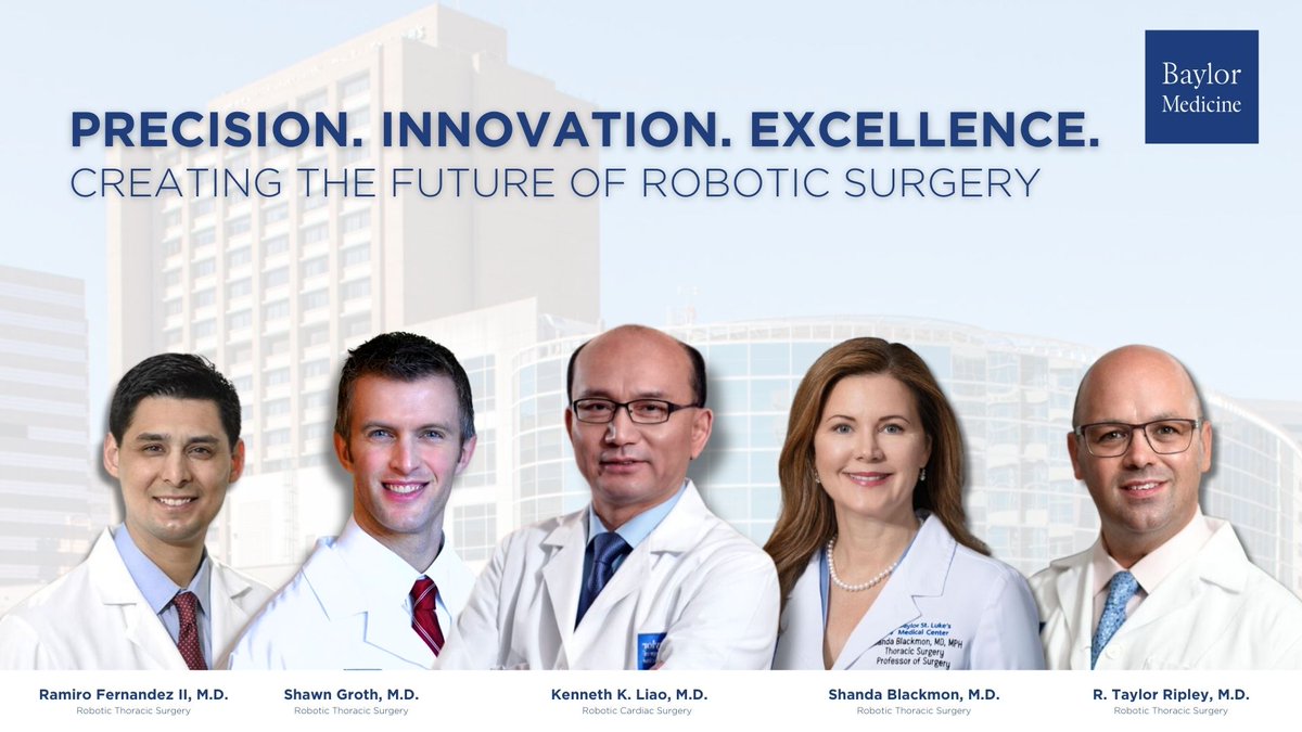 BCM_Surgery (@bcm_surgery) on Twitter photo Drs. <a href="/rfernanMD/">Ramiro Fernandez</a>, <a href="/DrShawnGroth/">Shawn Groth</a>, <a href="/DrKenLiao/">Kenneth Liao, MD, PhD</a>, <a href="/ShandaBlackmon/">Shanda Blackmon, MD, MPH</a>, and <a href="/RTaylorRipley/">R. Taylor Ripley, M.D. Thoracic Surgeon</a> are at the forefront of robotic cardiac surgery and minimally invasive thoracic procedures. Their expertise in robotic-assisted heart surgery, lung surgery, and esophageal surgery is transforming Drs. <a href="/rfernanMD/">Ramiro Fernandez</a>, <a href="/DrShawnGroth/">Shawn Groth</a>, <a href="/DrKenLiao/">Kenneth Liao, MD, PhD</a>, <a href="/ShandaBlackmon/">Shanda Blackmon, MD, MPH</a>, and <a href="/RTaylorRipley/">R. Taylor Ripley, M.D. Thoracic Surgeon</a> are at the forefront of robotic cardiac surgery and minimally invasive thoracic procedures. Their expertise in robotic-assisted heart surgery, lung surgery, and esophageal surgery is transforming