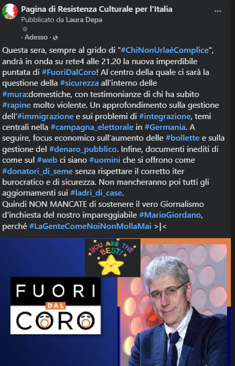 LAURADEPS's tweet photo. Anteprima degli argomenti di stasera a  #fuoridalcoro. Mi raccomando non mancate perchè #ChiNonUrlaèComplice e pure rosicone #sinistronzolo e #liberal #radicalShit >|<
e p/c  #4disera che con certi ospiti #radicalShit la nausea si fa seria https://t.co/uupx44vKAb
