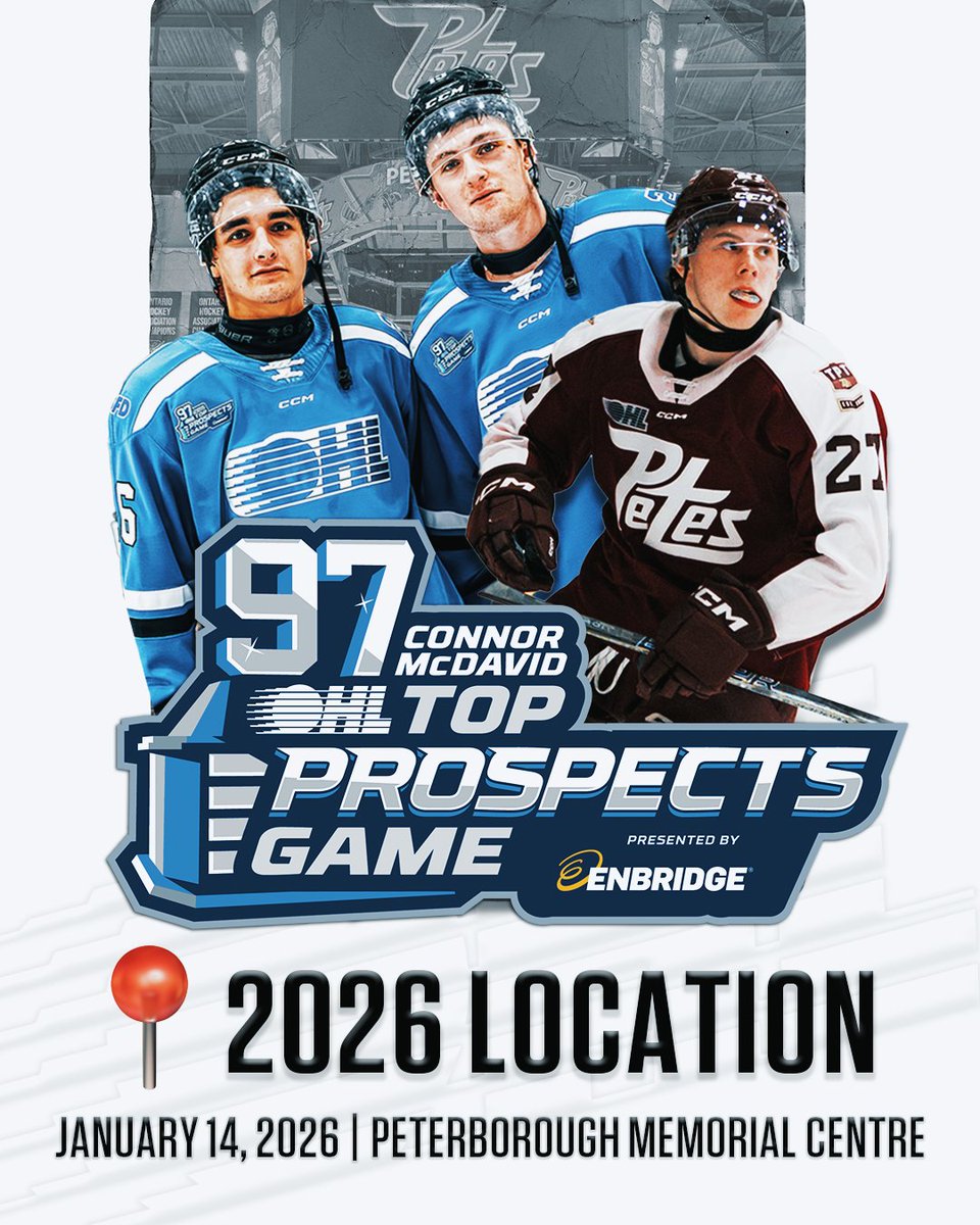 Ontario Hockey League (@ohlhockey) on Twitter photo The Connor McDavid #OHLTopProspects Game presented by <a href="/enbridgegas/">Enbridge Gas</a> comes to Peterborough on January 14, 2026!
DETAILS 📰: tinyurl.com/y9amd6va The Connor McDavid #OHLTopProspects Game presented by <a href="/enbridgegas/">Enbridge Gas</a> comes to Peterborough on January 14, 2026!
DETAILS 📰: tinyurl.com/y9amd6va