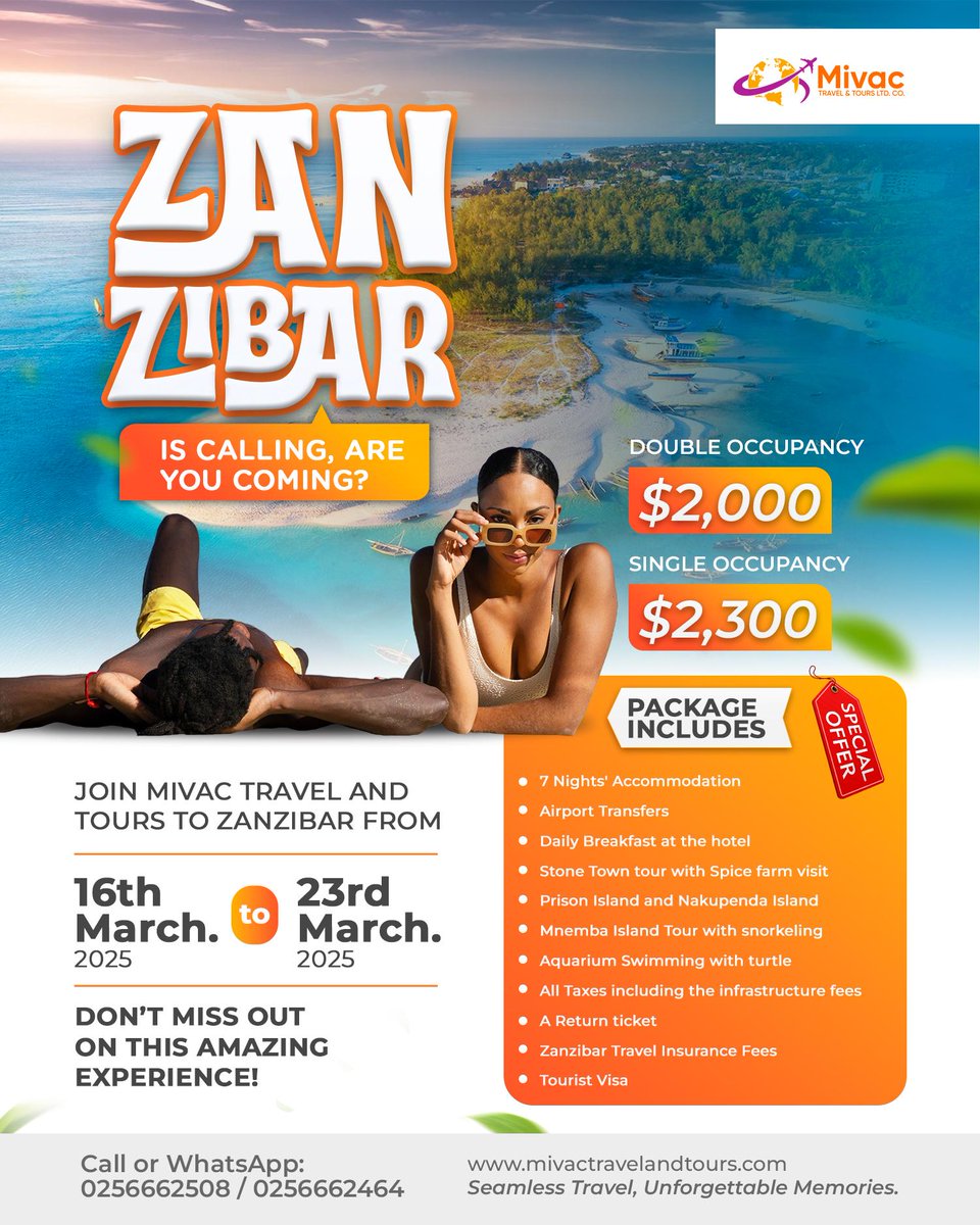 ghonetv's tweet image. Zanzibar Awaits!  

Experience an unforgettable 7-night getaway with seamless airport transfers, delightful daily breakfasts, exciting island tours, aquarium swimming, and more!  

📍 Secure your spot now! Call or WhatsApp 0256662508 / 0256662464.  

#ZanzibarEscape…