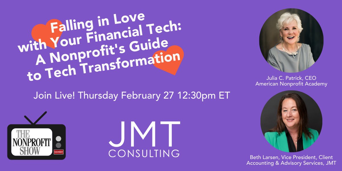 jmtconsulting's tweet image. Tune in! JMT's Beth Larsen joins Julia C. Patrick on The Nonprofit Show on Thursday, Feb 27th to talk about falling in love with your financial tech! Learn how to build the ideal tech stack for your nonprofit. hubs.li/Q037pMdp0 #NonprofitTech #FinancialTech