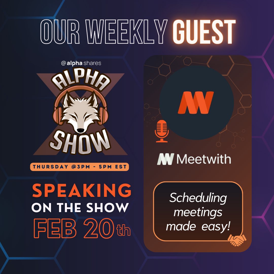 Alpha Shares (@alphashares) on Twitter photo Join <a href="/meetwithhq/">Meetwith (🗓️,🗓️)</a> on Feb 20th at the
<a href="/AlphaShares/">Alpha Shares</a> Alpha Show!
Space Link: x.com/i/spaces/1PlJQ…
6 Month Subscription to MeetWithWallet up for Grabs.
To Enter:
✅ Like & Follow <a href="/AlphaShares/">Alpha Shares</a> +<a href="/meetwithhq/">Meetwith (🗓️,🗓️)</a>
✅Tag 2 Friends in the comments
✅Set reminder for Space.
Come Join <a href="/meetwithhq/">Meetwith (🗓️,🗓️)</a> on Feb 20th at the
<a href="/AlphaShares/">Alpha Shares</a> Alpha Show!
Space Link: x.com/i/spaces/1PlJQ…
6 Month Subscription to MeetWithWallet up for Grabs.
To Enter:
✅ Like & Follow <a href="/AlphaShares/">Alpha Shares</a> +<a href="/meetwithhq/">Meetwith (🗓️,🗓️)</a>
✅Tag 2 Friends in the comments
✅Set reminder for Space.
Come