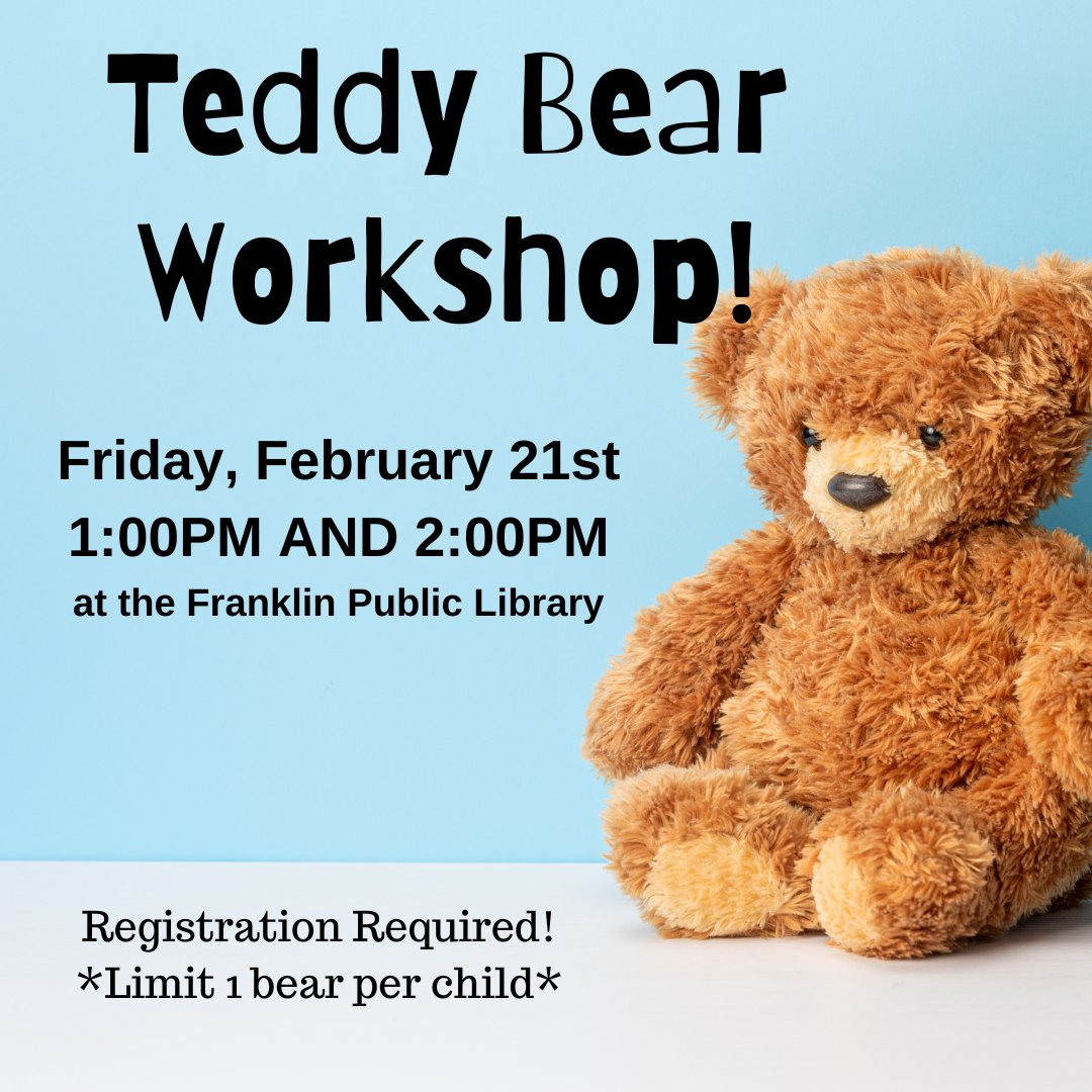 FrkPublicLib's tweet image. It&apos;s #schoolvacationweek! Check out these events!
PJ Storytime 2-19 @ 6PM
Mr Vinny Shadow Puppets 2-20 @ 10:30AM
Junto Meeting 2-20 @ 6:30PM
The BaNannies 2-21 @ 10:30AM
Teddy Bear Workshop 2-21
and then we have the weekend events...
#franklinma #libraryprograms