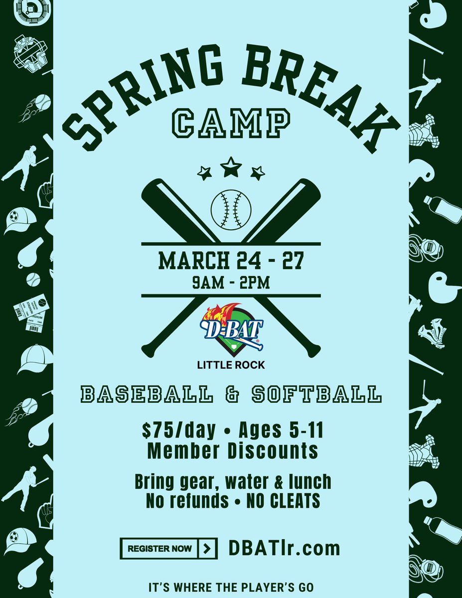 Step Up to the Plate this Spring Break! ⚾️🥎 
Join us for an exciting All-Aspects Camp. Perfect for players who want to improve their game and have a blast! Don’t miss this opportunity to enhance your skills and make new friends! Register at DBATlr.com