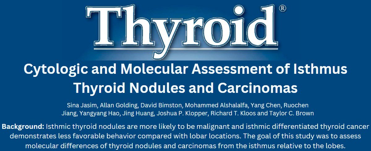 thyroidjournal's tweet photo. Is there a difference in molecular profiling of #thyroidcancers depending on their location in the thyroid? A collaboration between @Veracyte and @washumedicine in a new article @ThyroidJournal show isthmus tumors may have higher risk genetic profiles.
https://t.co/ldTuLbSIPz https://t.co/wa48c2QxOQ
