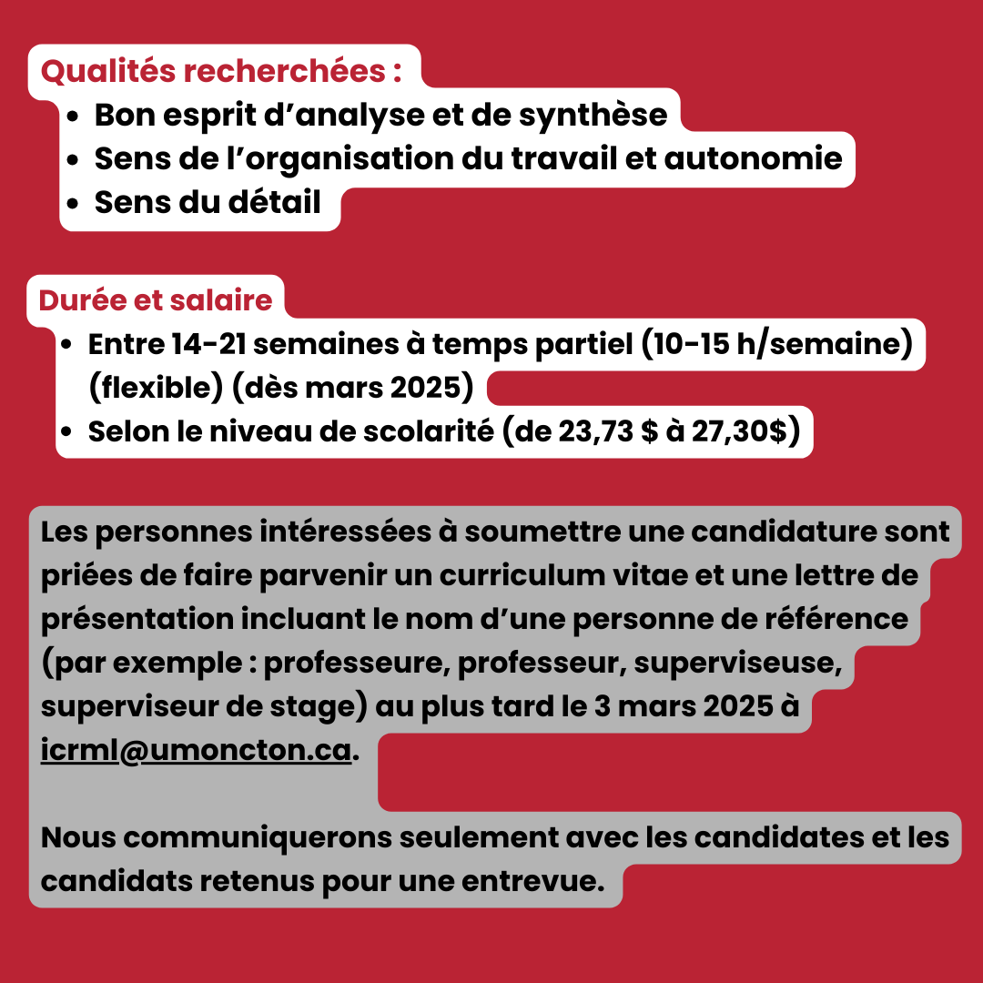 Offre d'emploi à temps partiel à l'Institut pour un projet sur les femmes francophones et acadiennes en situation minoritaire.
--Date limite pour soumettre votre candidature et votre lettre de motivation : 3 mars 2025--
icrml.ca/images/Annonce…
