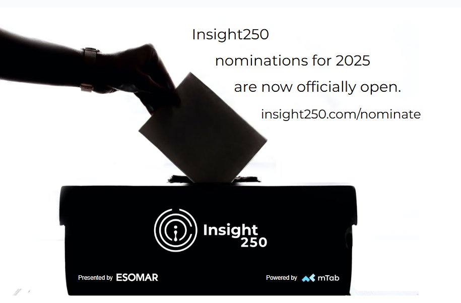 Nominations are open for the fifth annual @Insight250, honoring the global leaders and innovators in #marketresearch, #insights, #datadrivenmarketing and #decisionintelligence. Submit your nominations at: lnkd.in/gES99r_J 🗳️