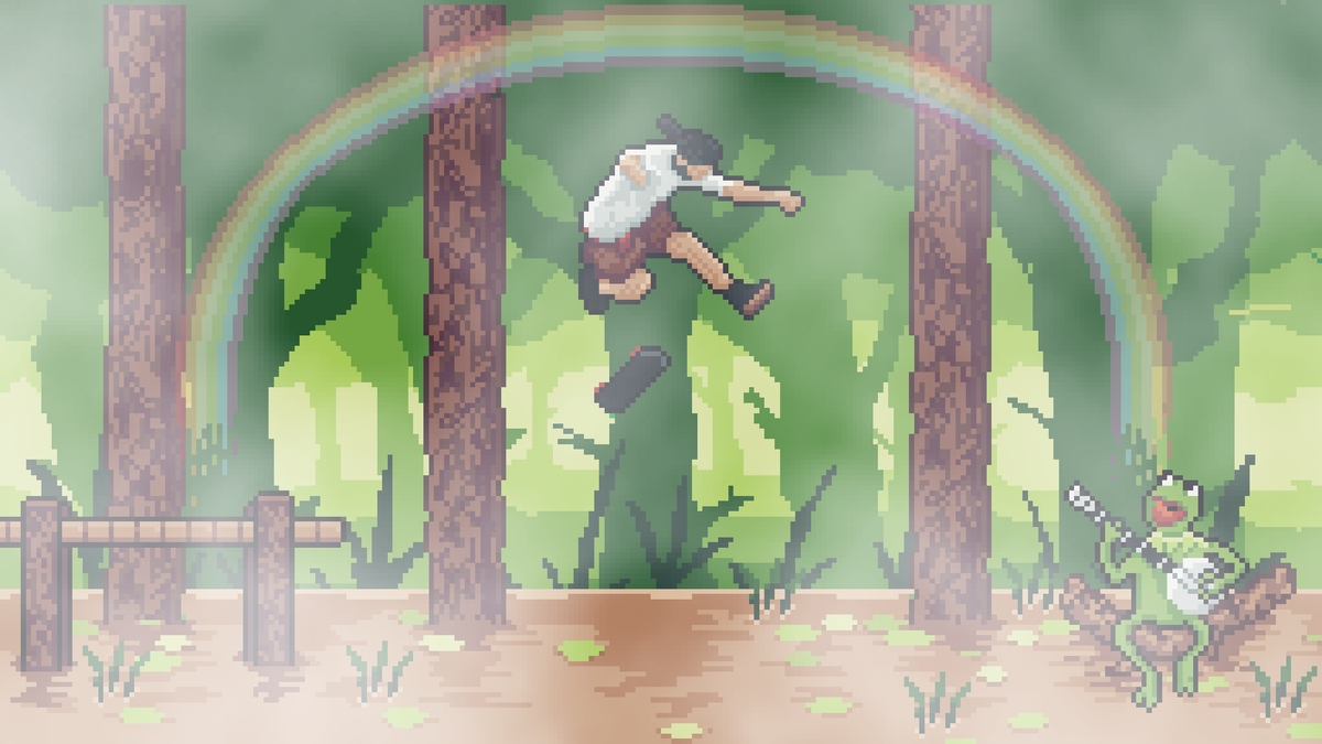 My daughter asked me to put the picture of my late #brother on his #skateboard jumping off a jetty in a swamp to #kermit (who he loved through life) with a #rainbow above him.

In fact this would make amazing art for the bottom of a skateboard!

Hit me up <a href="/tonyhawk/">Tony Hawk</a> 🤣

#pixelart
