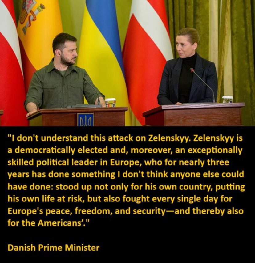 g900ap's tweet image. Reaction Danish prime minister on Trump calling Zelensky a dictator