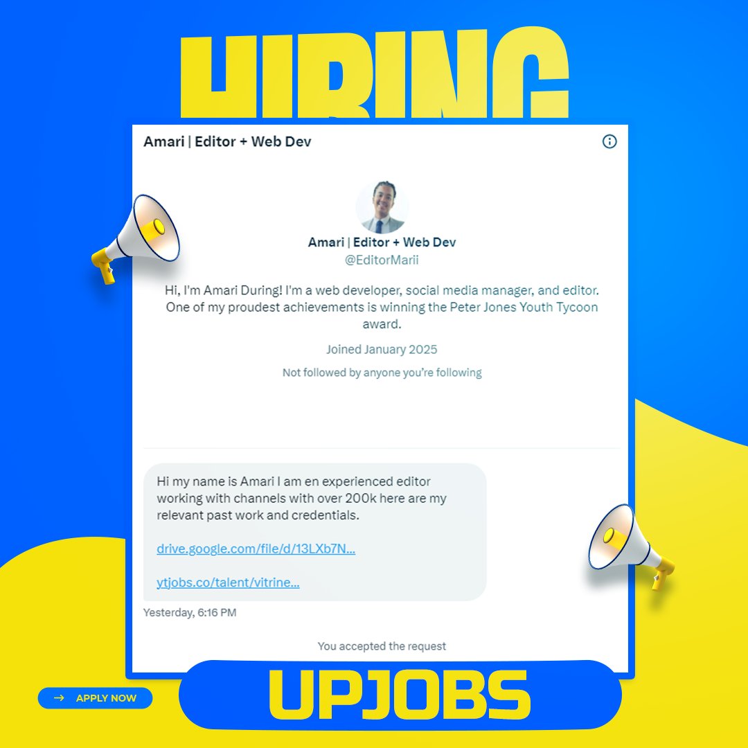 UPJOBS_'s tweet photo. 💡 Need a #freelancer?
I got this DM asking for a #Video #Editor !🚀
___
@EditorMarii 
Hi my name is Amari I am en experienced editor working with channels with over 200k here are my relevant past work and credentials. 
https://t.co/lz9fahXqFn 
-
https://t.co/WQkRONzTjq https://t.co/C3fKrzxzu3