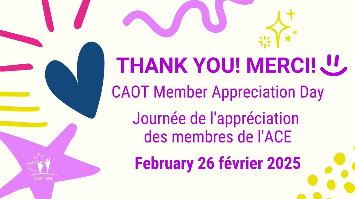 On February 26 we're celebrating YOU! ✨
As a thank you for all you do we'll be giving back to you by drawing names for valuable prizes!
Stay tuned! 

Nous vous célébrerons!✨
Pour vous remercier nous allons tirer au sort des prix de valeur! 
Restez à l'écoute!

<a href="/Caot_bc/">CAOT-BC</a> <a href="/CAOT_SK/">CAOT-SK</a>