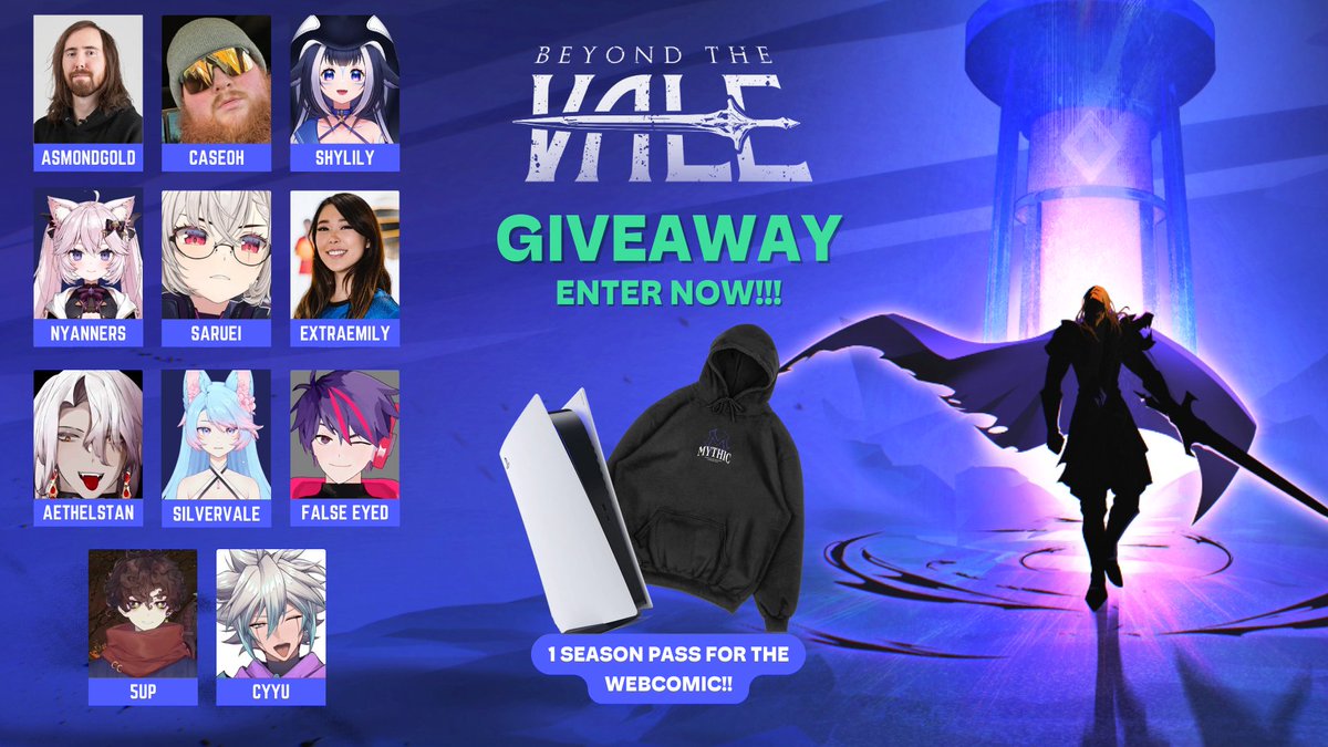 We got a BEYOND THE VALE 🎉 GIVEAWAY ALERT! 🎉
Win AMAZING prizes: 🔥 Mythic Merch, a Season Pass for the Beyond the Vale webcomic, and even a PlayStation 5! 🎮
5 Winners will be selected!
👉 Enter now:  vast.link/BeyondtheVale
Don't miss out! #BeyondTheVale #Giveaway #Mythic