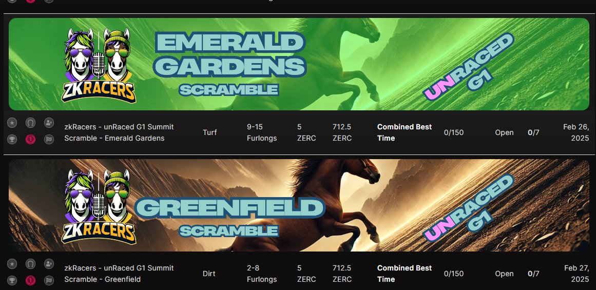 Get your eyes on <a href="/zk_Race/">zkRace</a>, the new Unraced G1 tournaments are appearing!

To compete, at the minimum you need to do the full surface (Dirt/Synth/Turf). But we'd recommend registering for all of them!!