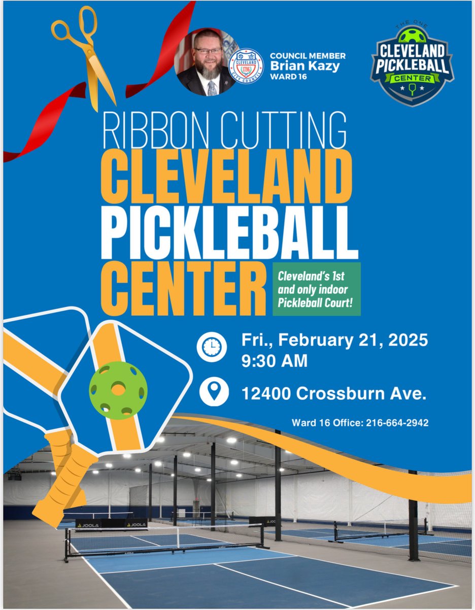 This Friday we will be cutting the ribbon for the ⁦<a href="/CityofCleveland/">City of Cleveland</a>⁩ 1st and only indoor Pickleball facility. Join us at 9:30am at 12400 Crossburn Ave. Hope to see you there! ⁦<a href="/CleCityCouncil/">CleCityCouncil</a>⁩ ⁦<a href="/MajorLeaguePB/">Major League Pickleball</a>⁩
