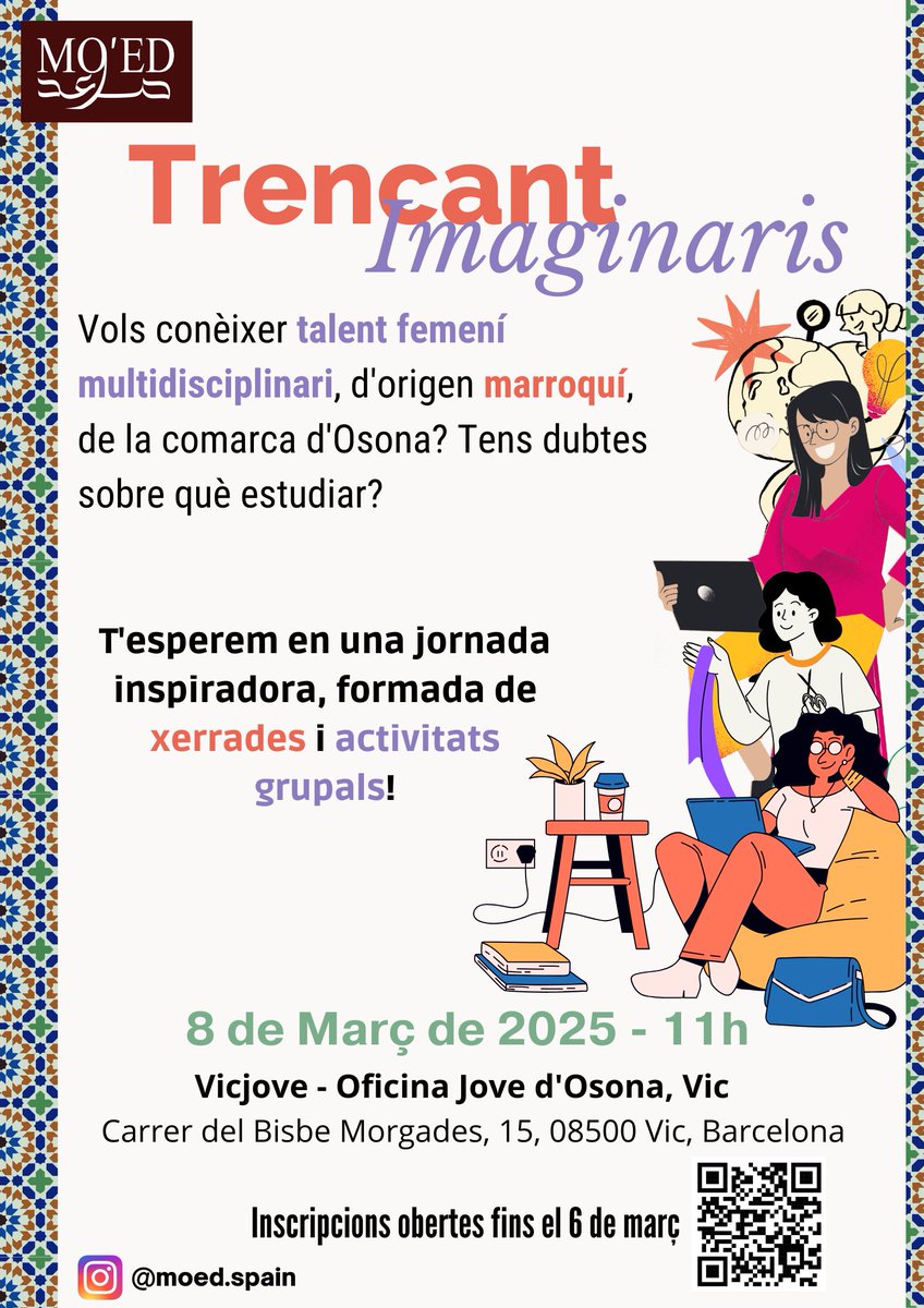 MOED_ONG's tweet photo. ✨ A punt per a la 4a Edició de Trencant Imaginaris! ✨
Una jornada per donar visibilitat a trajectòries d'èxit educatiu i professional i inspirar vocacions diverses!
📅 8 de març | 🕚 11 h | 📍 @vicjove
No hi falteu! #TrencantImaginaris #Educació #Diversitat https://t.co/gBHCf6tkxx