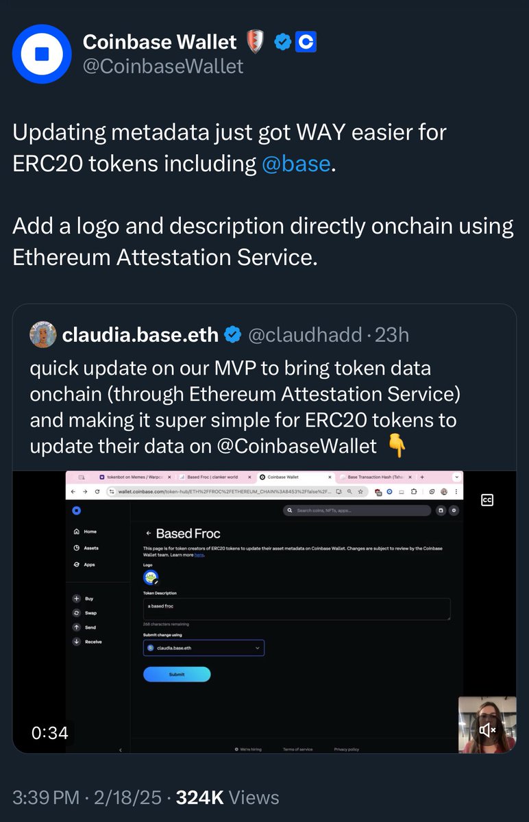 frocisbased's tweet photo. This week, the product team at @CoinbaseWallet released a video showing how easy it is to update token metadata on @base 

The best way to demonstrate the update was to launch a test token

So @claudhadd created $FROC 🔵 🐸 

Join us: 0x3C8cd0dB9a01EfA063a7760267b822A129bc7DCA https://t.co/xJfPZef7BL