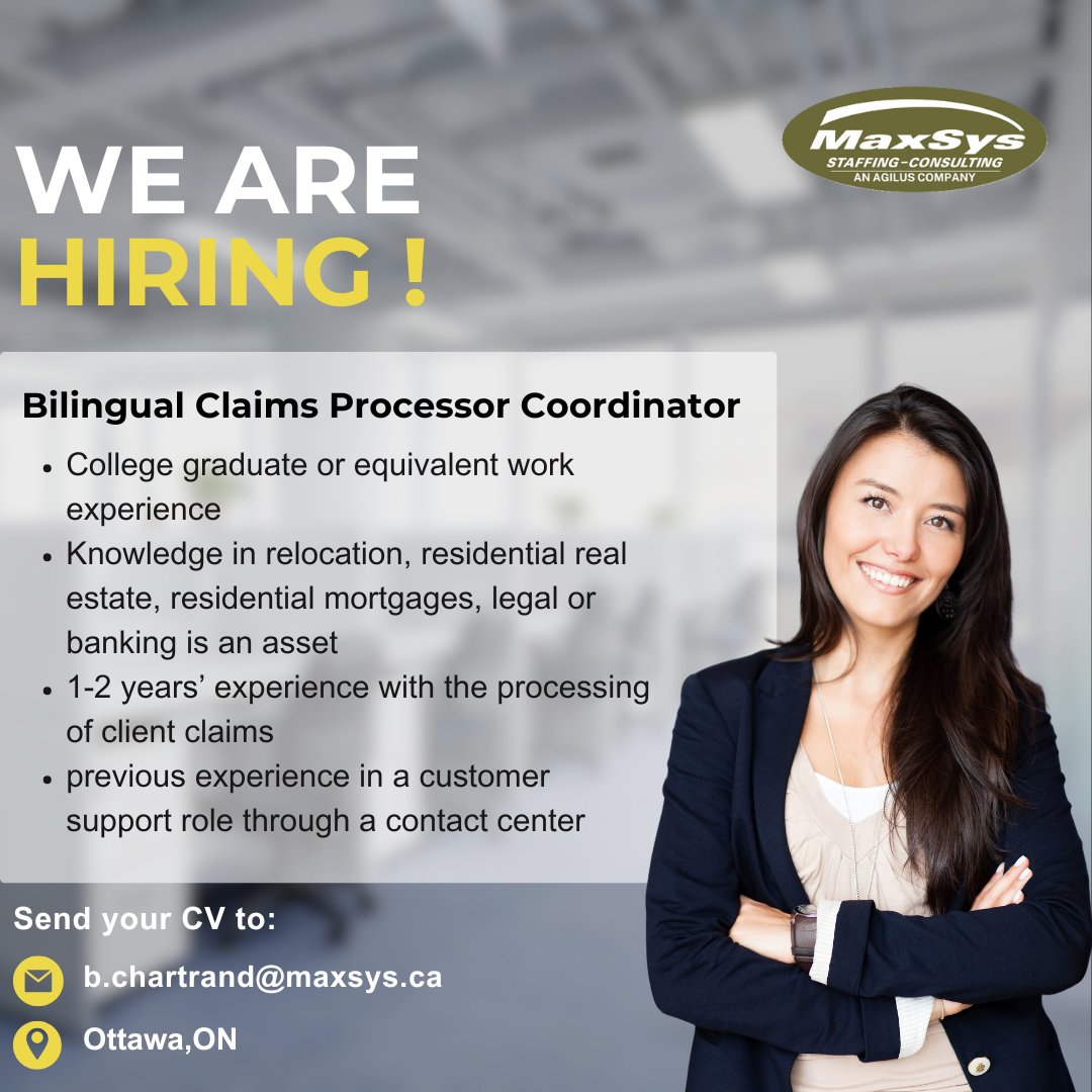 MaxSys Staffing & Consulting (@maxsys_staffing) on Twitter photo We are #hiring a Bilingual Claims Processor Coordinator in Ottawa, ON!
Please send your resume to b.chartrand@maxsys.ca and c.sargent@maxsys.ca
OR apply through ca.indeed.com/job/bilingual-…
#bilingualpositions #claimsprocessorcoordinator #MaxSys #teamagilus #OttawaJobs We are #hiring a Bilingual Claims Processor Coordinator in Ottawa, ON!
Please send your resume to b.chartrand@maxsys.ca and c.sargent@maxsys.ca
OR apply through ca.indeed.com/job/bilingual-…
#bilingualpositions #claimsprocessorcoordinator #MaxSys #teamagilus #OttawaJobs
